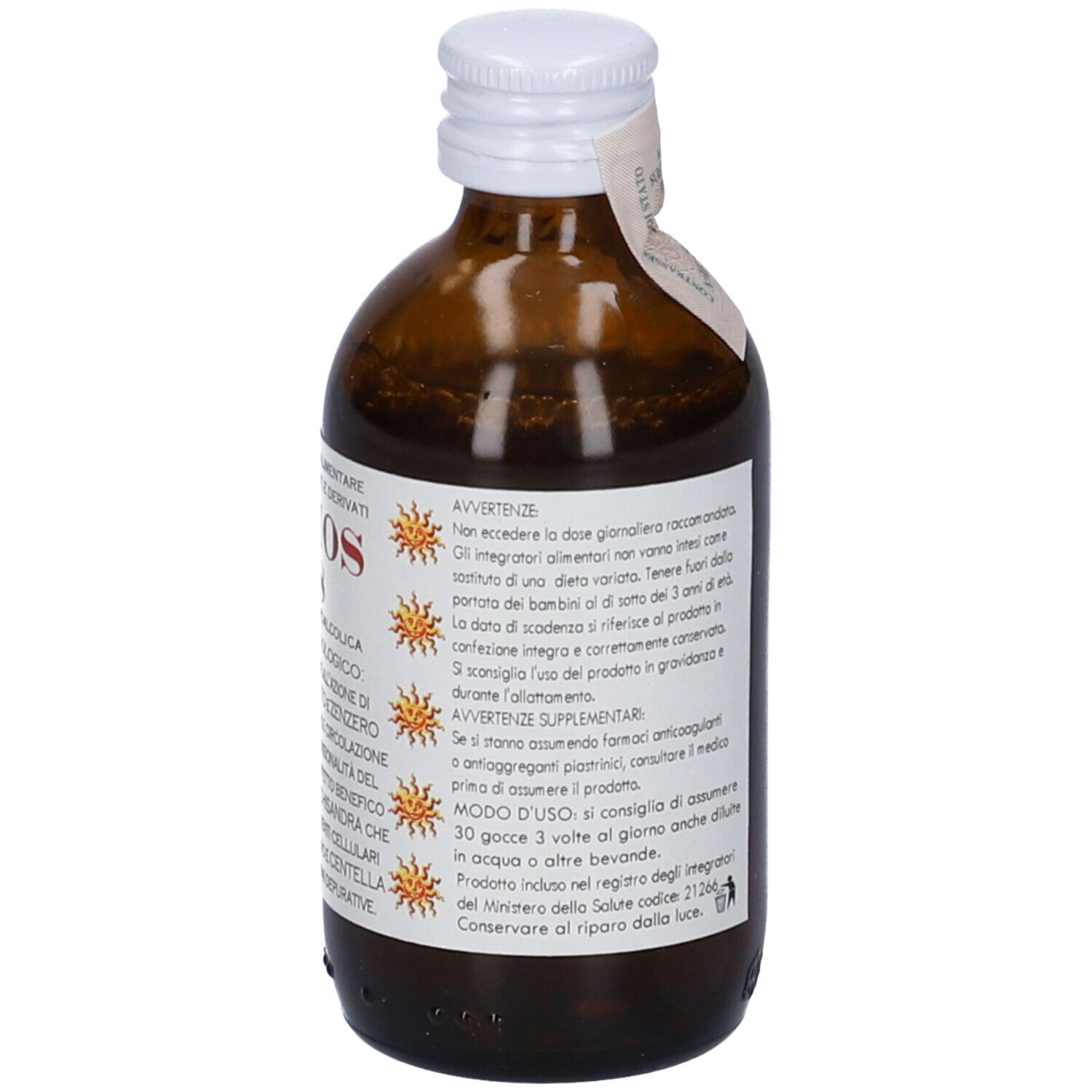 Flacone di vetro marrone con tappo bianco ed etichetta. L'etichetta riporta "Sibios 18".