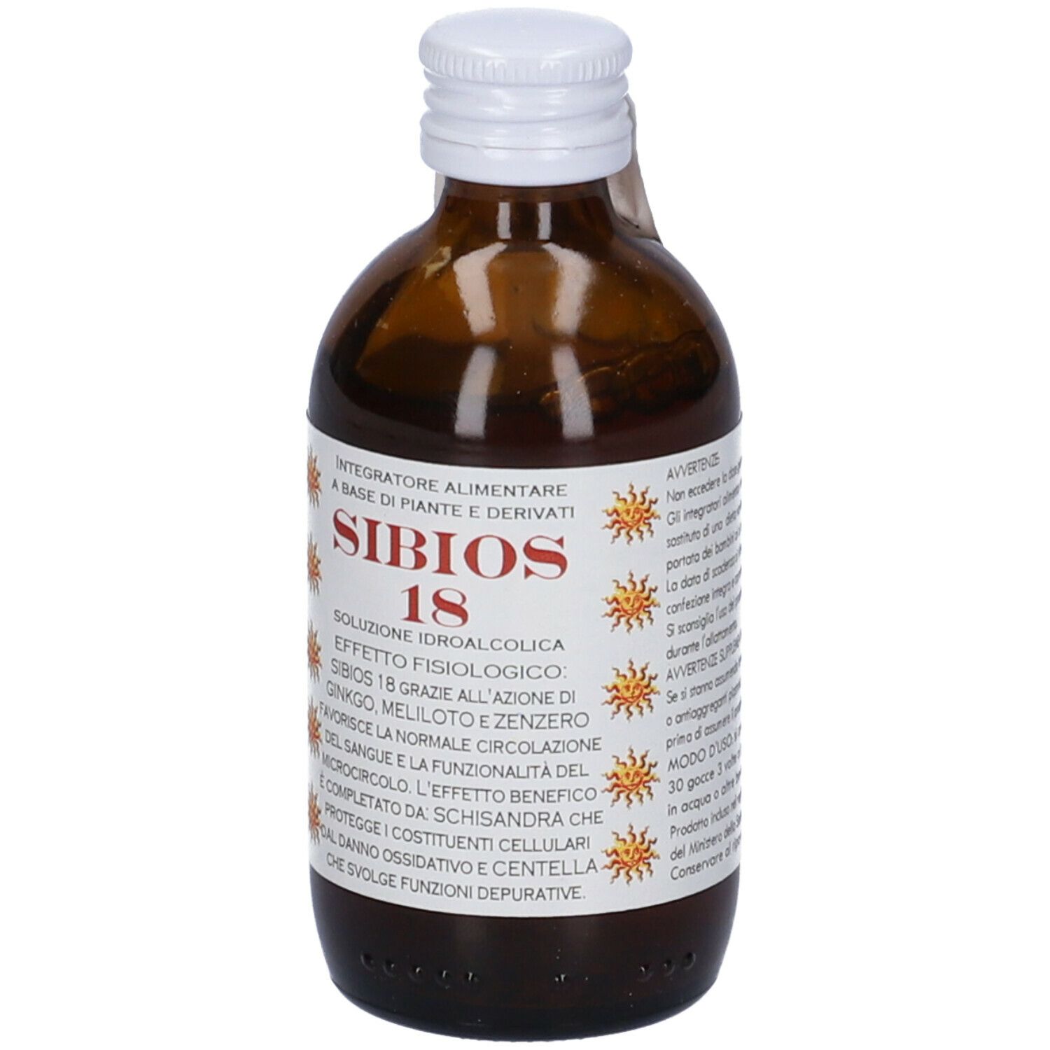 Flacone di vetro marrone con tappo bianco ed etichetta. L'etichetta riporta "Sibios 18".