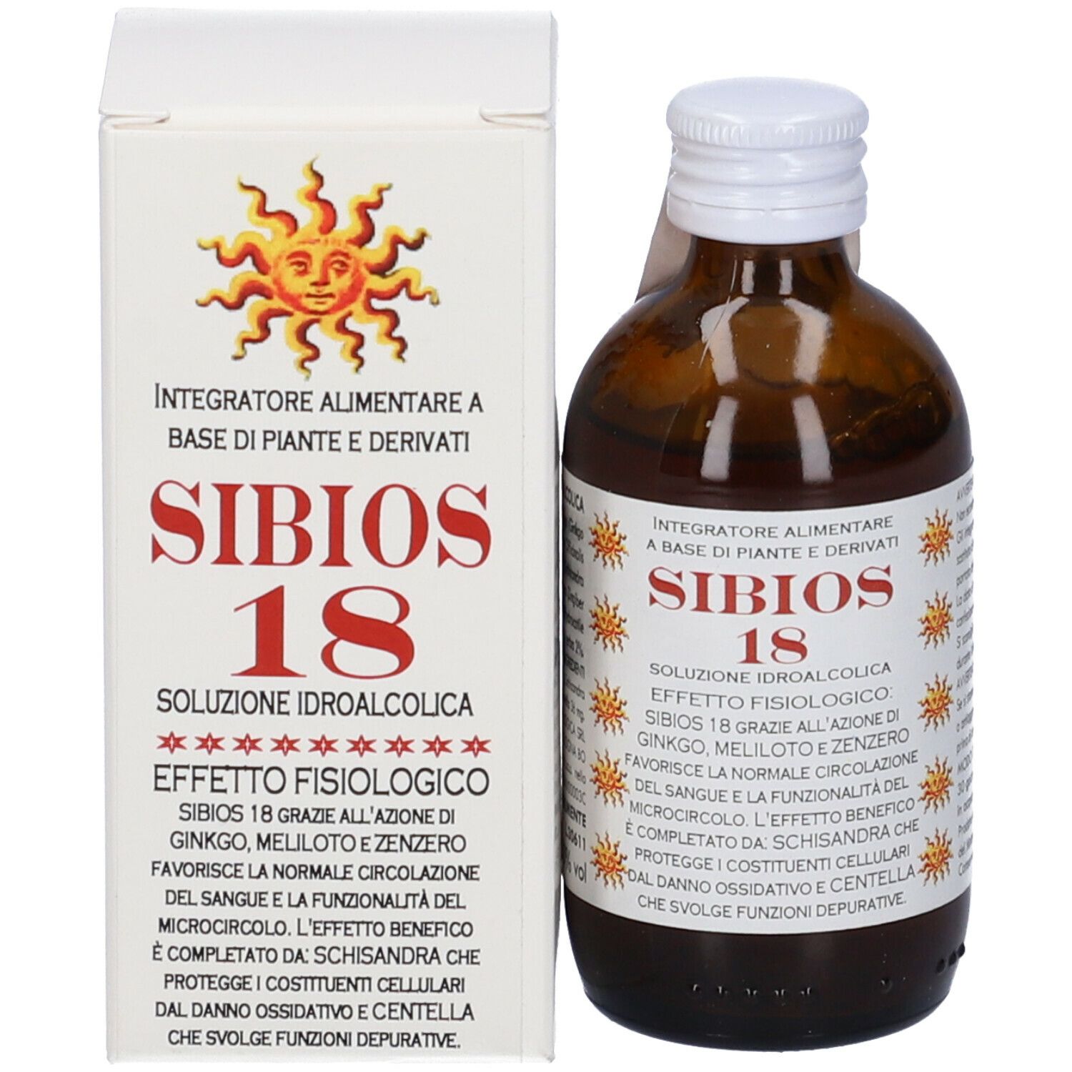 Flacone di vetro marrone con tappo bianco ed etichetta, accanto a una scatola bianca. Entrambi con "Sibios 18".