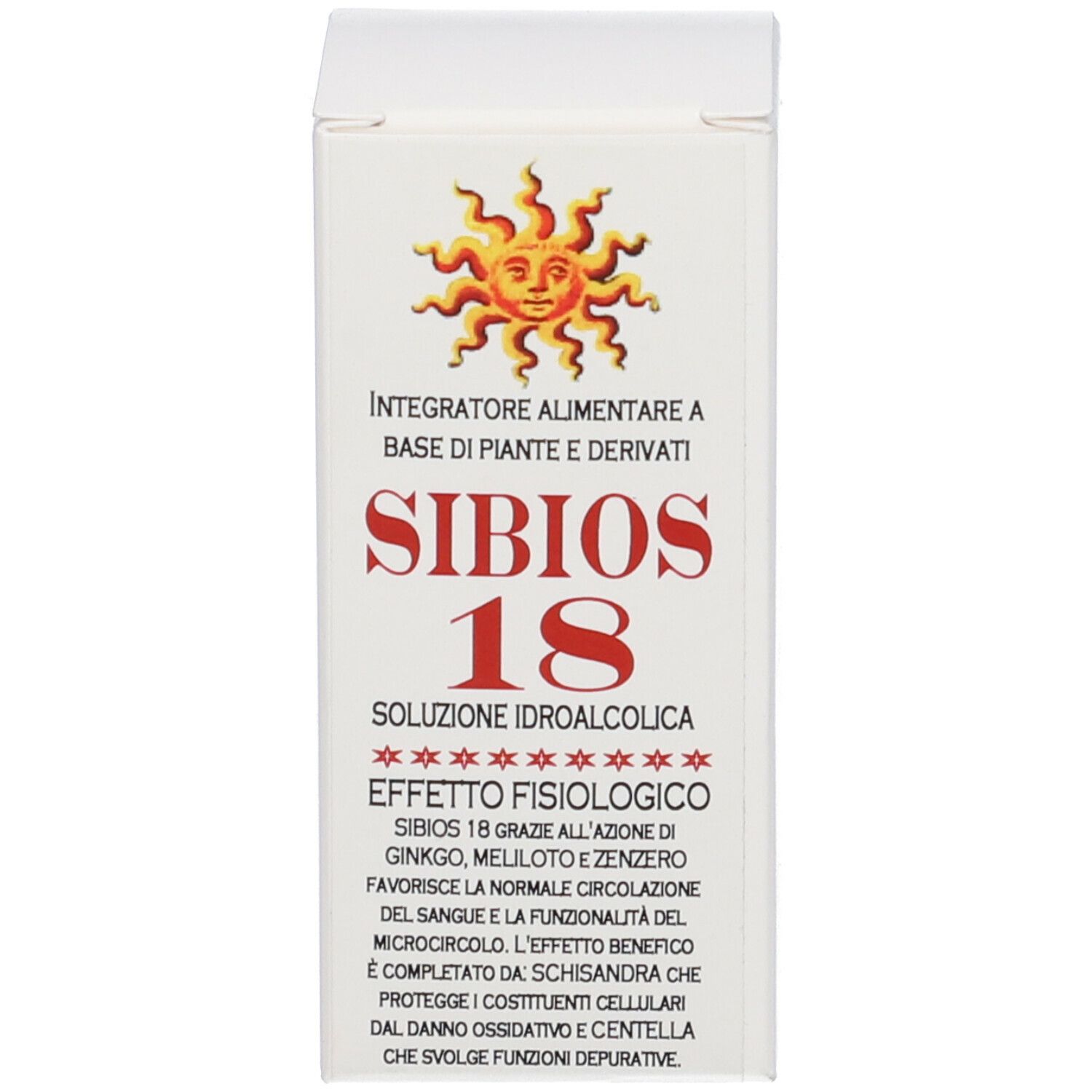 Scatola bianca con scritta rossa "Sibios 18". Illustrazione di sole.