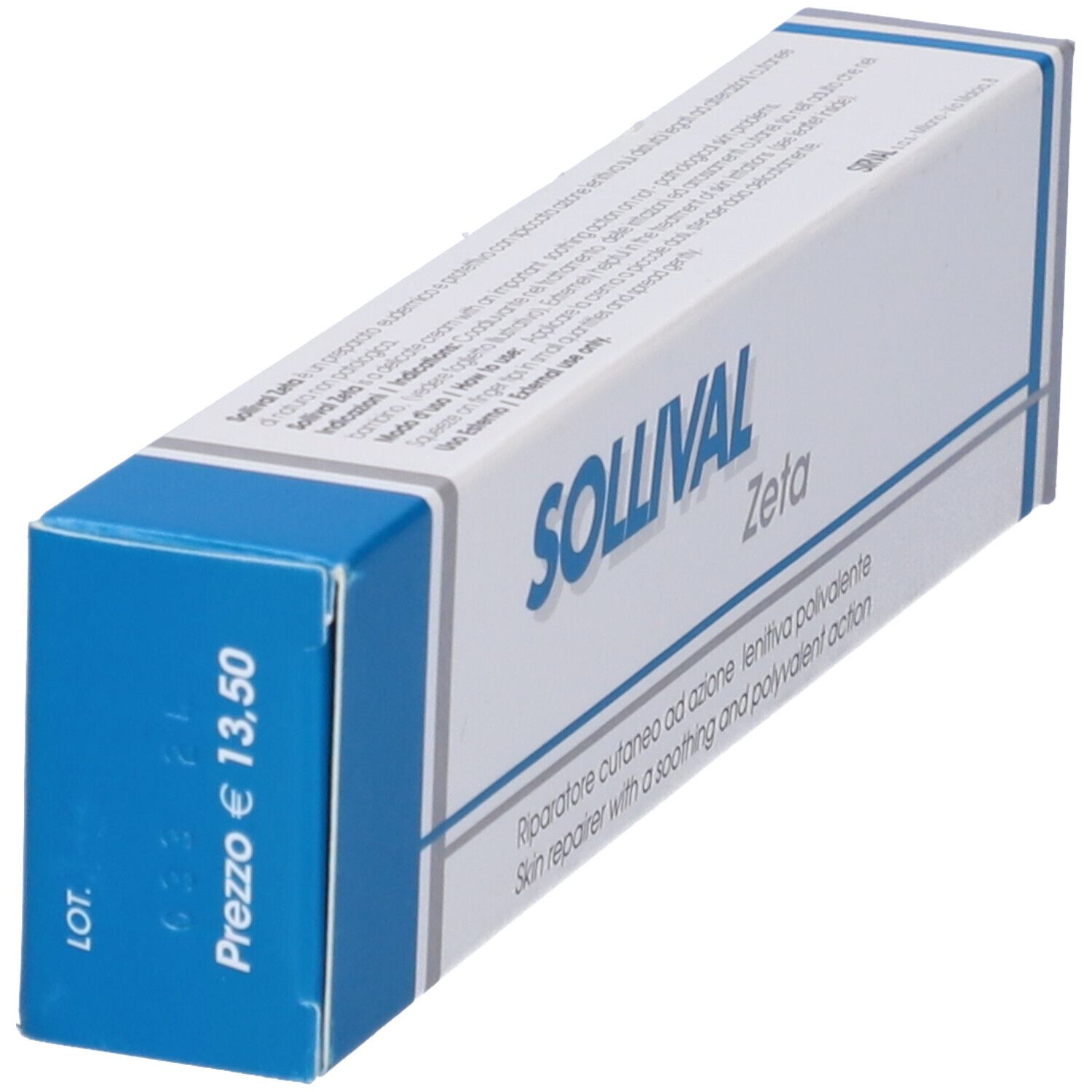 Confezione in cartone, in diagonale. Scritta: SOLLIVAL Zeta. Prezzo: € 13,50. Testo: Skin repairer with a soothing and polyvalent action.