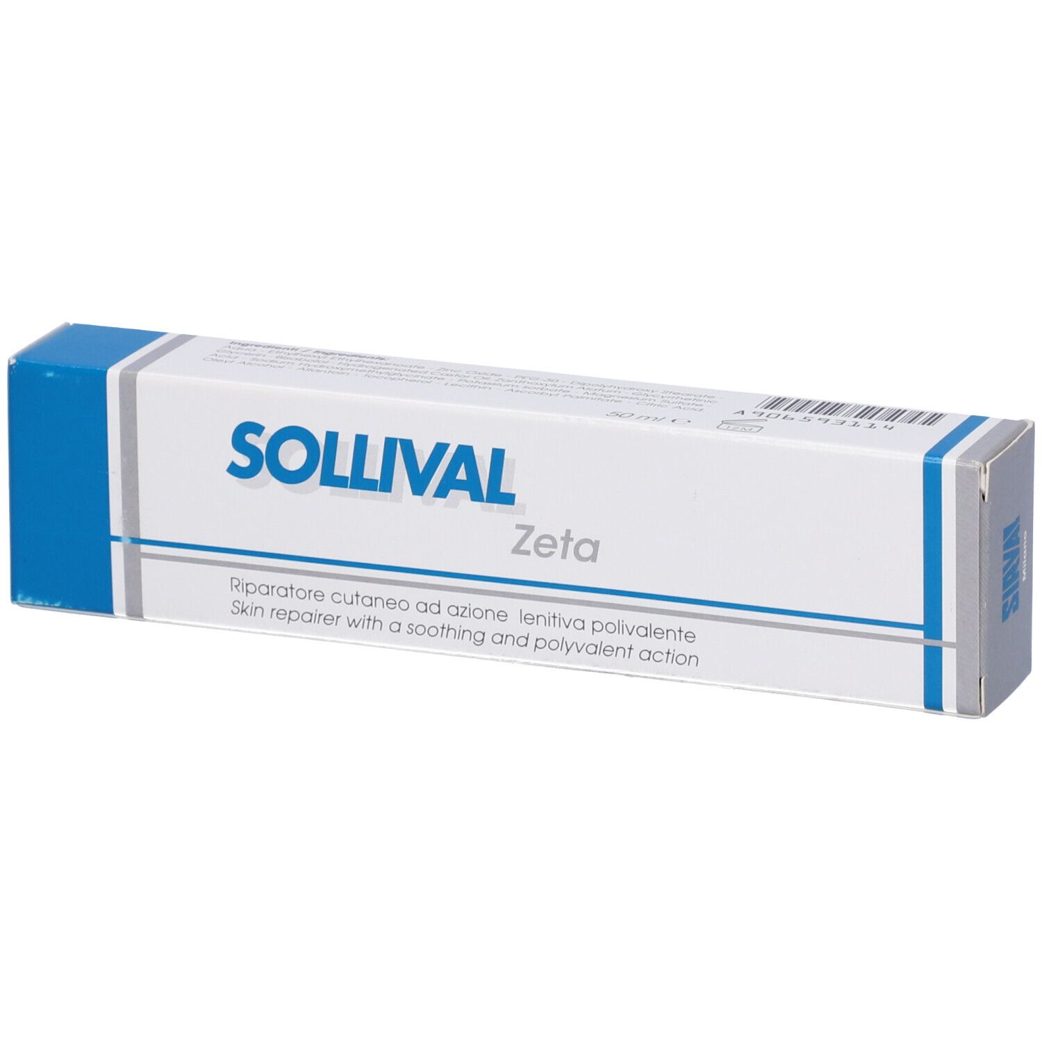 Confezione in cartone con accento blu. Scritta: SOLLIVAL Zeta. Testo: Skin repairer with a soothing and polyvalent action.