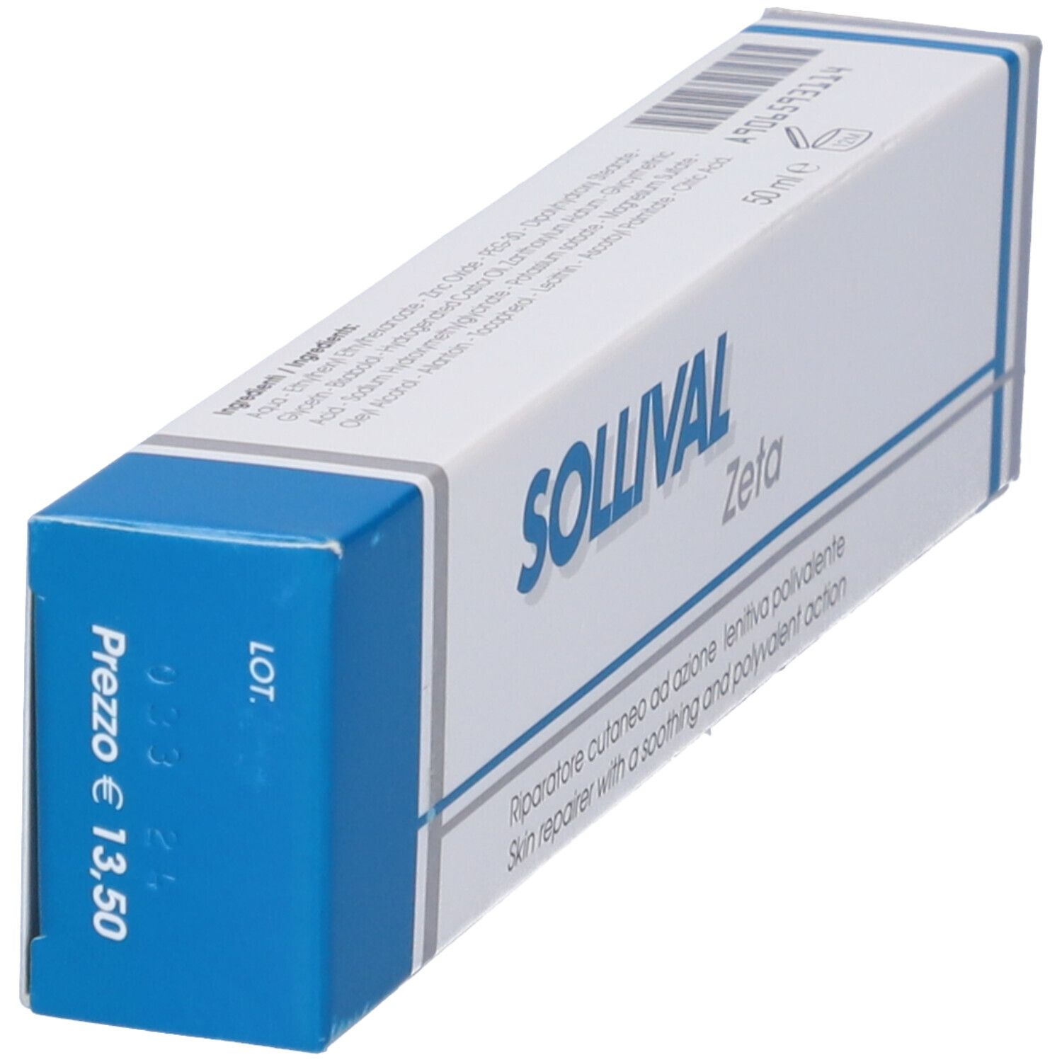 Confezione in cartone con accento blu. Scritta: SOLLIVAL Zeta. Prezzo: € 13,50. Testo: Skin repairer with a soothing and polyvalent action.