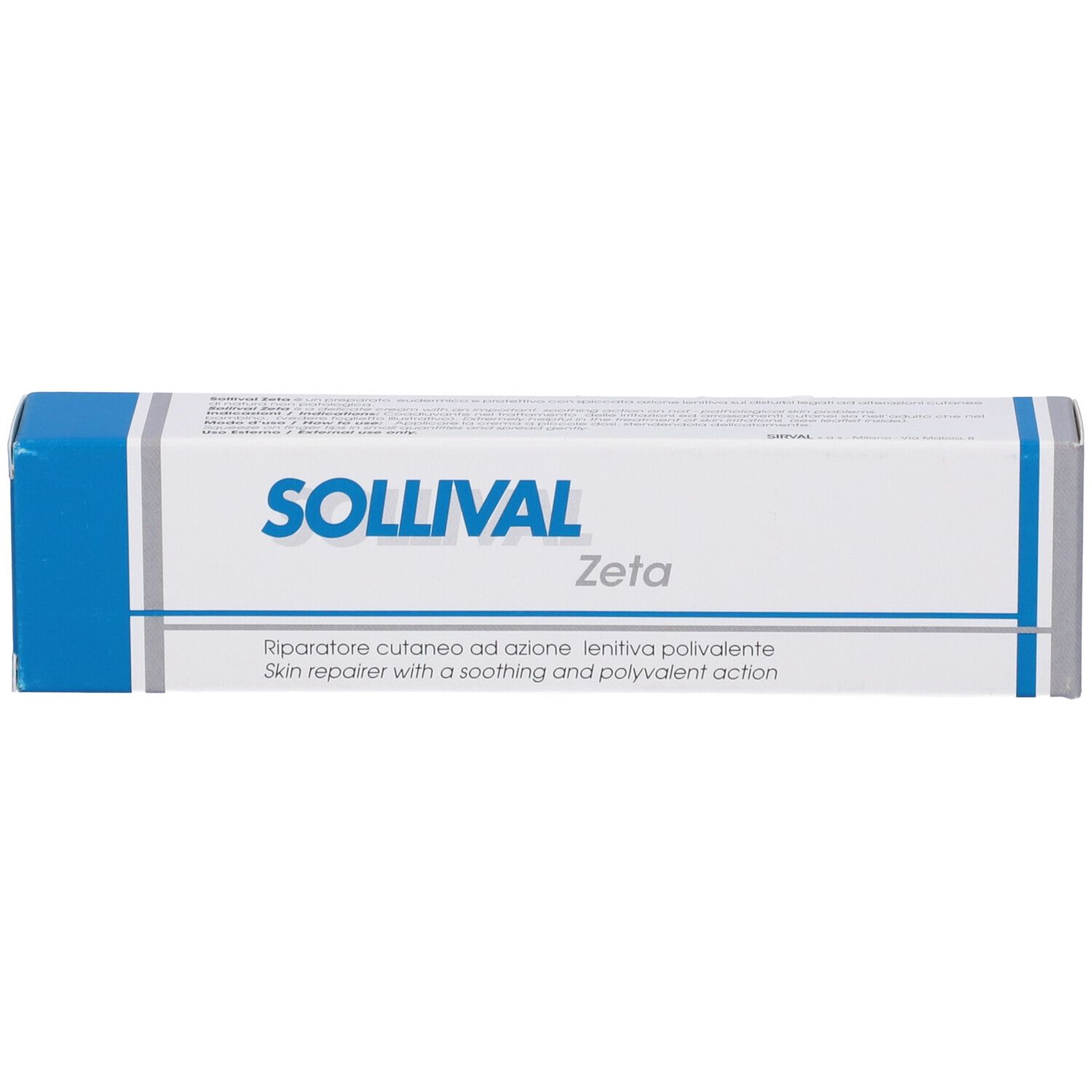 Confezione in cartone. Scritta: SOLLIVAL Zeta. Testo: Skin repairer with a soothing and polyvalent action.
