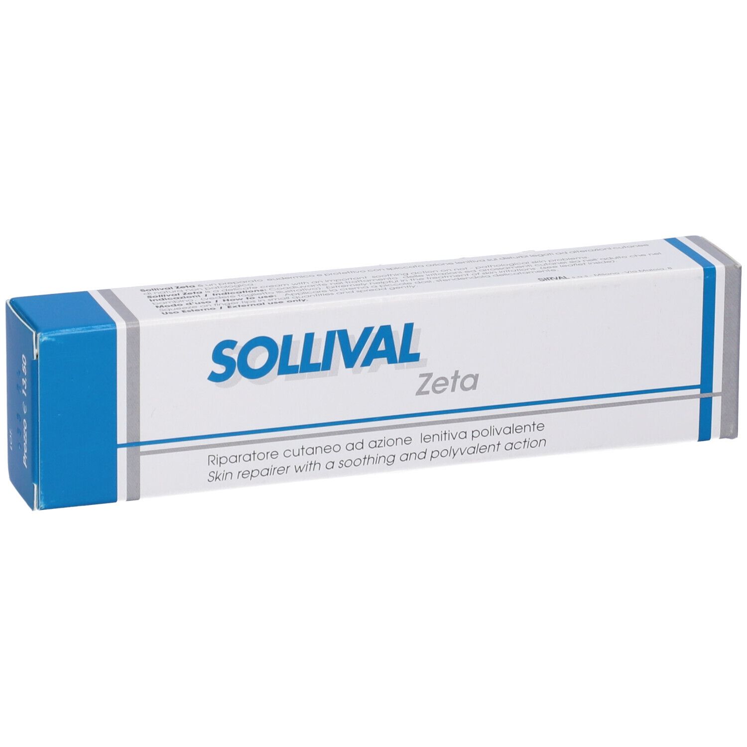 Confezione in cartone. Scritta: SOLLIVAL Zeta. Testo: Skin repairer with a soothing and polyvalent action.