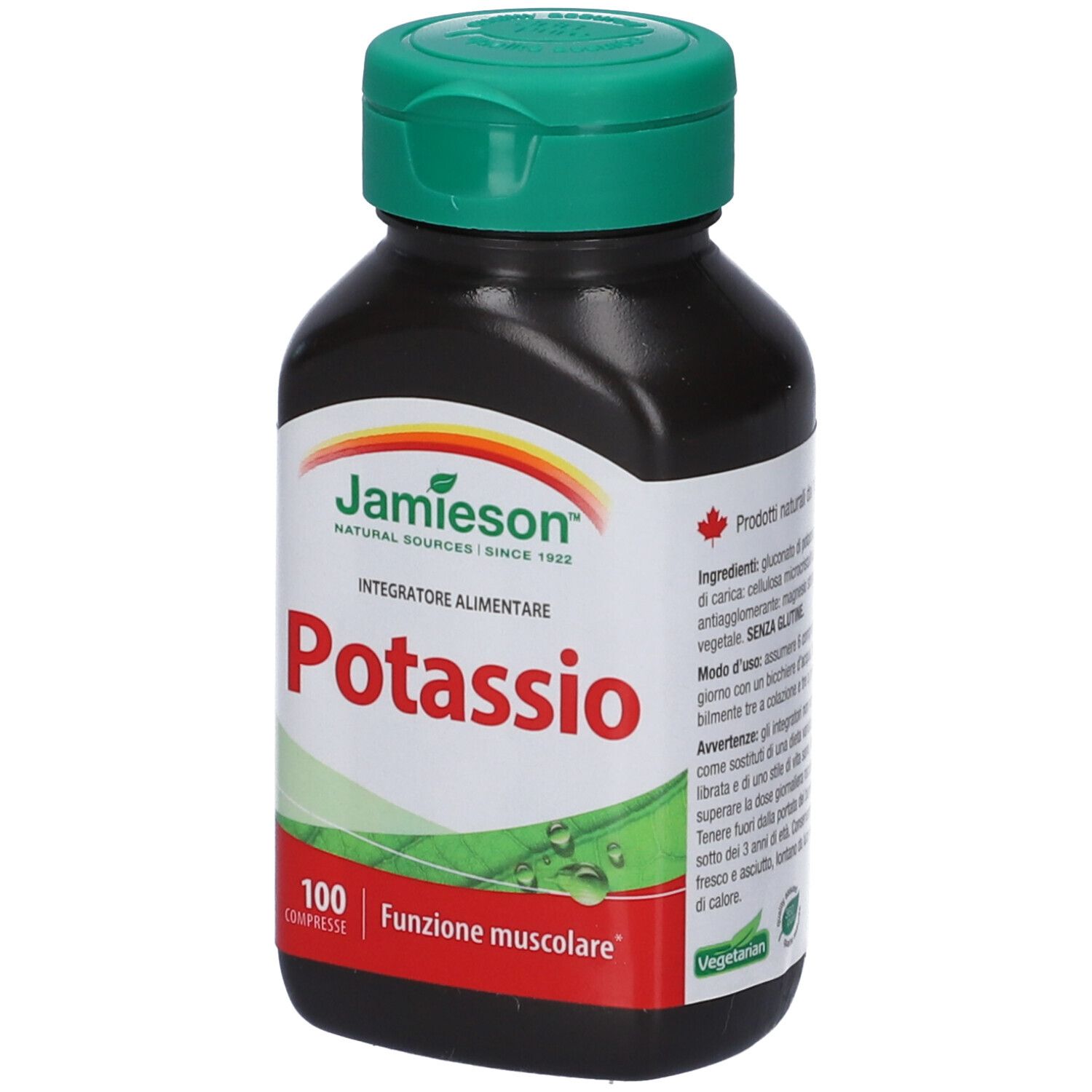 Flacone nero con tappo verde. Etichetta con nome del prodotto e logo. 100 compresse.