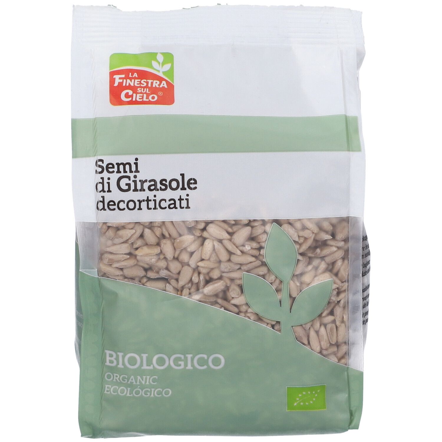 Confezione di semi di girasole biologici decorticati. Imballaggio bianco e verde con finestra trasparente.