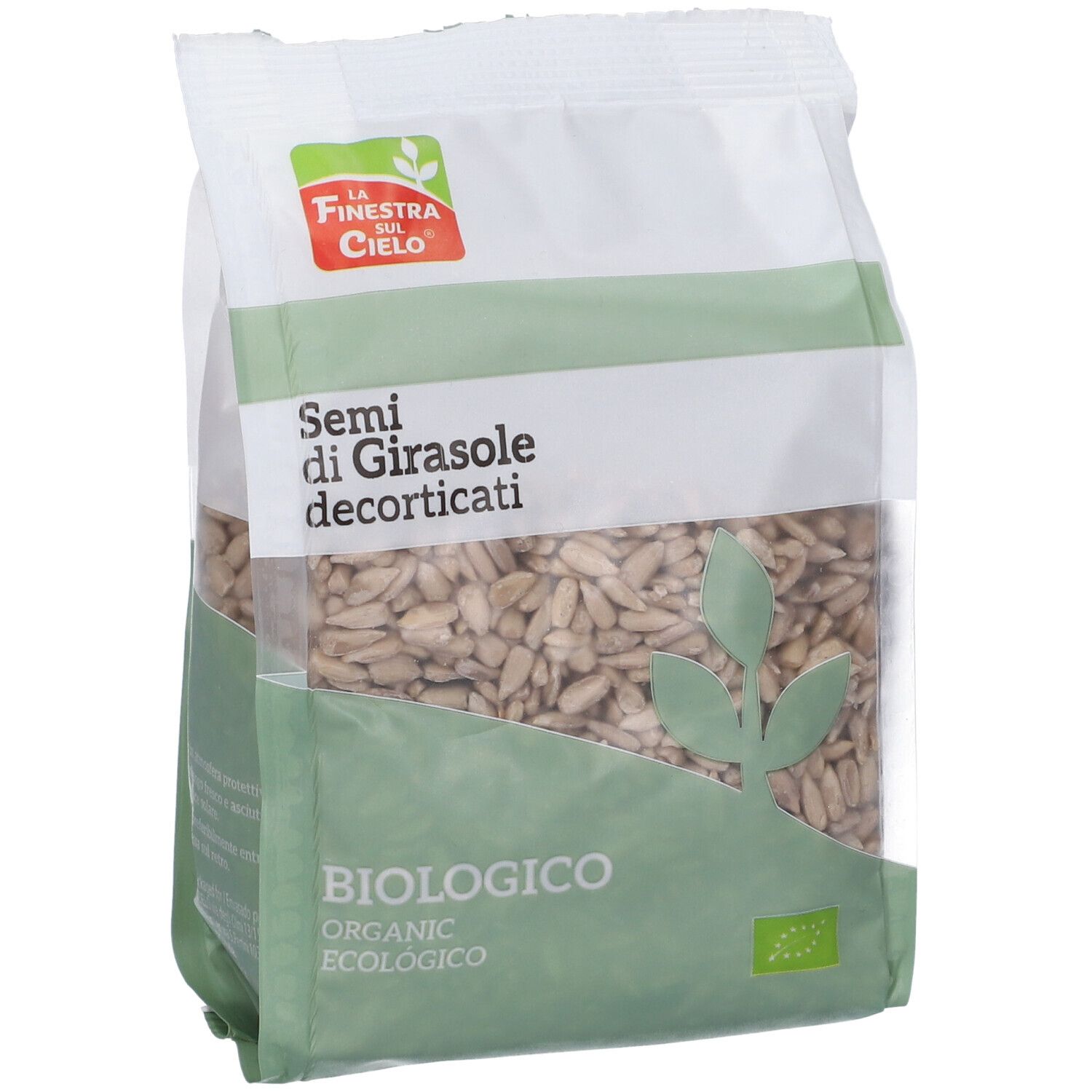 Confezione di semi di girasole biologici decorticati. Imballaggio bianco e verde con finestra trasparente.