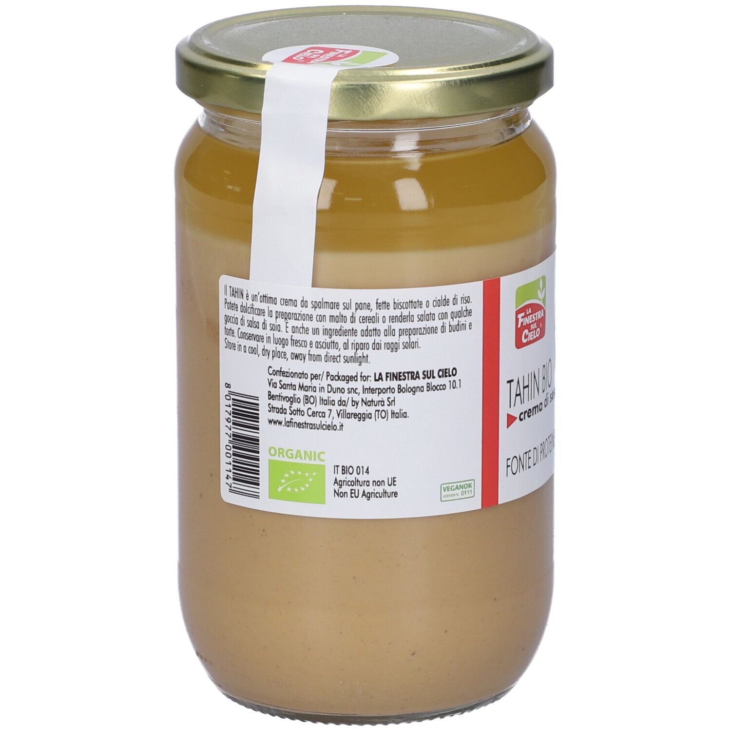 Retro del vasetto di Tahin Bio. Etichetta con testo, logo e informazioni. Coperchio dorato.