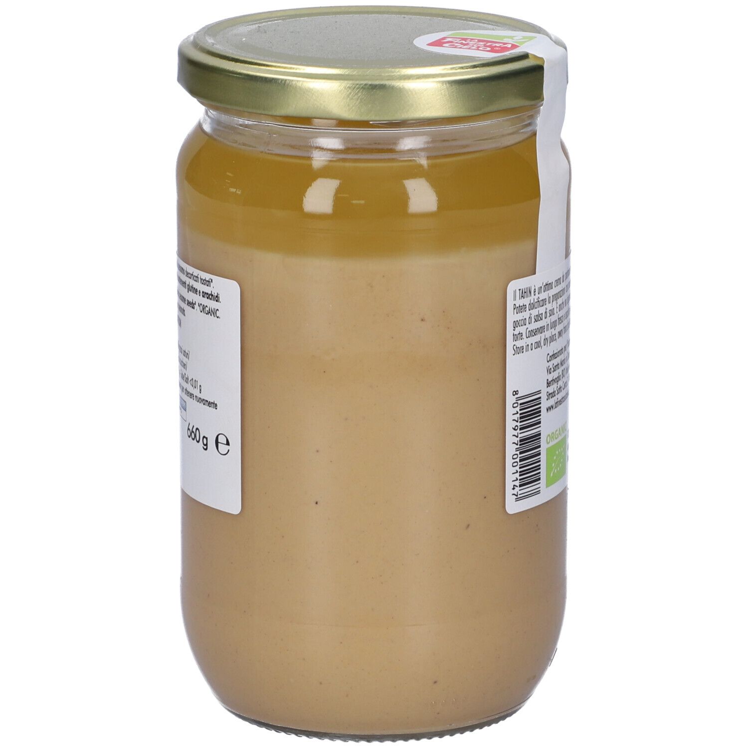 Vasetto di Tahin Bio, crema di sesamo. Etichetta con testo e logo. Coperchio dorato. 660g.