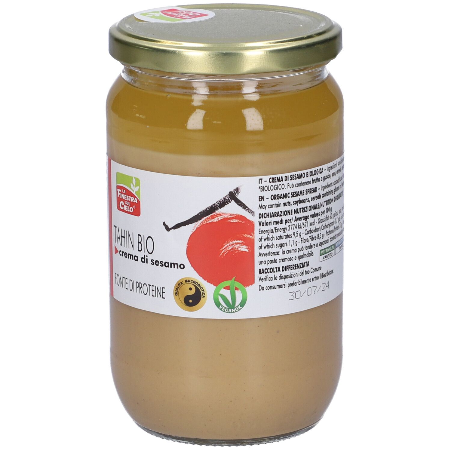 Vasetto di Tahin Bio, crema di sesamo. Etichetta con testo, logo e illustrazione. Coperchio dorato.