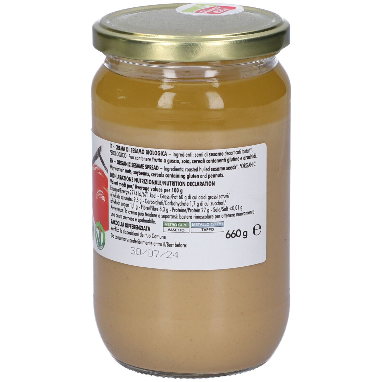 Retro del vasetto di Tahin Bio. Etichetta con testo, logo e informazioni. Coperchio dorato. 660g.