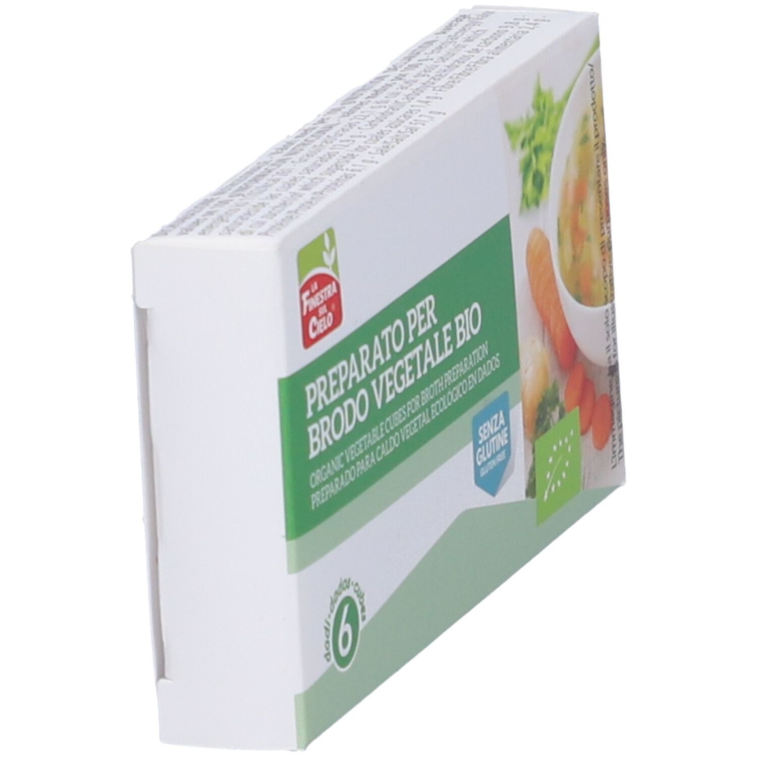 Vista obliqua della confezione di 6 dadi per brodo vegetale bio. Scritta: Preparato per Brodo Vegetale Bio.