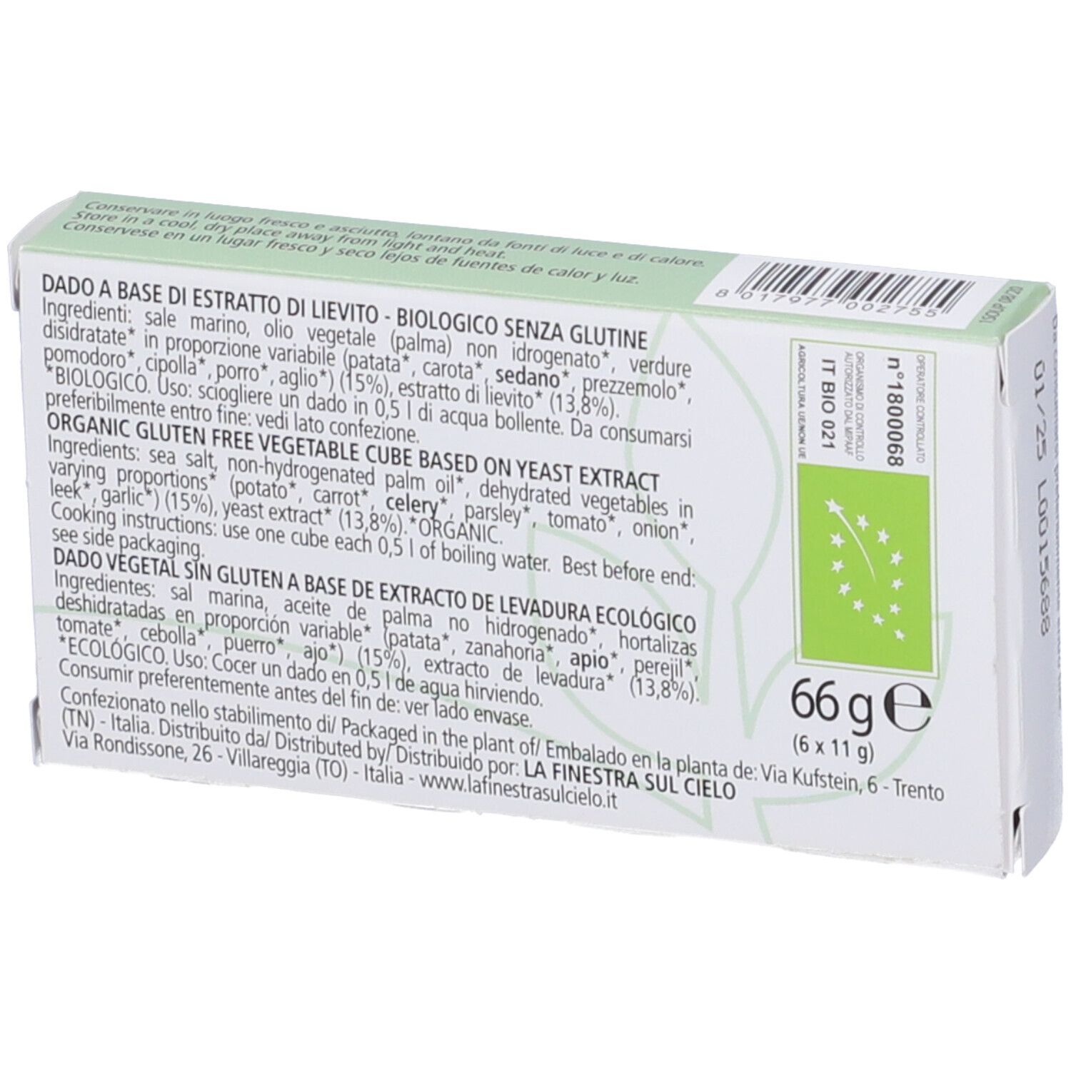 Retro della confezione con elenco ingredienti e informazioni nutrizionali. Scritta: 66 g (6 x 11 g).