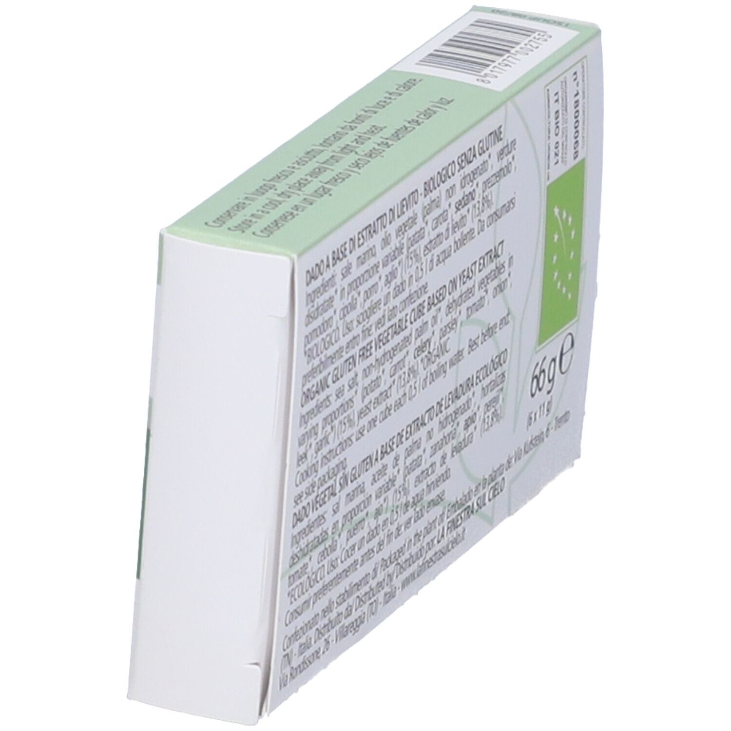 Vista obliqua della confezione con elenco ingredienti e informazioni nutrizionali. Scritta: 66 g (6 x 11 g).