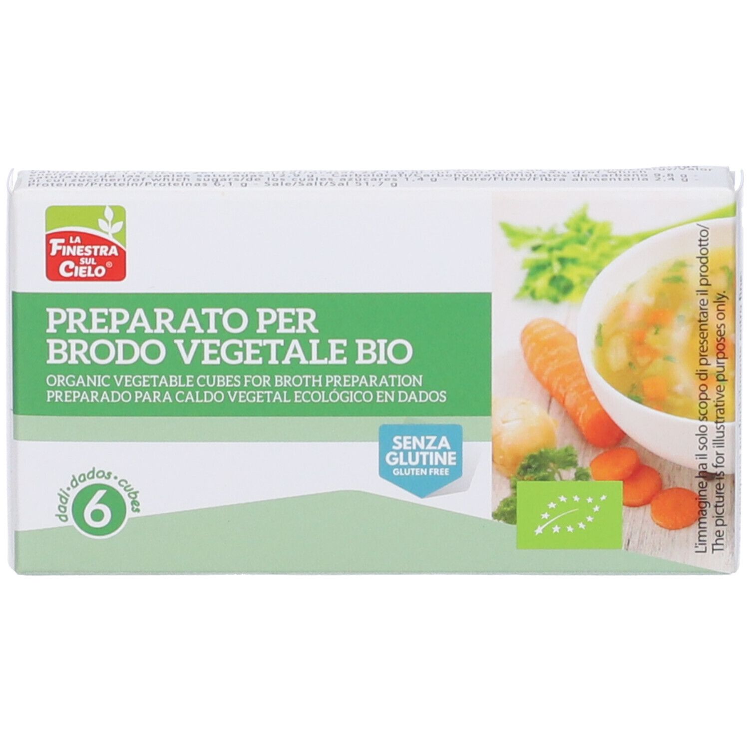 Confezione di 6 dadi per brodo vegetale bio. Scritta: Preparato per Brodo Vegetale Bio. Senza glutine. Con immagine di verdure.
