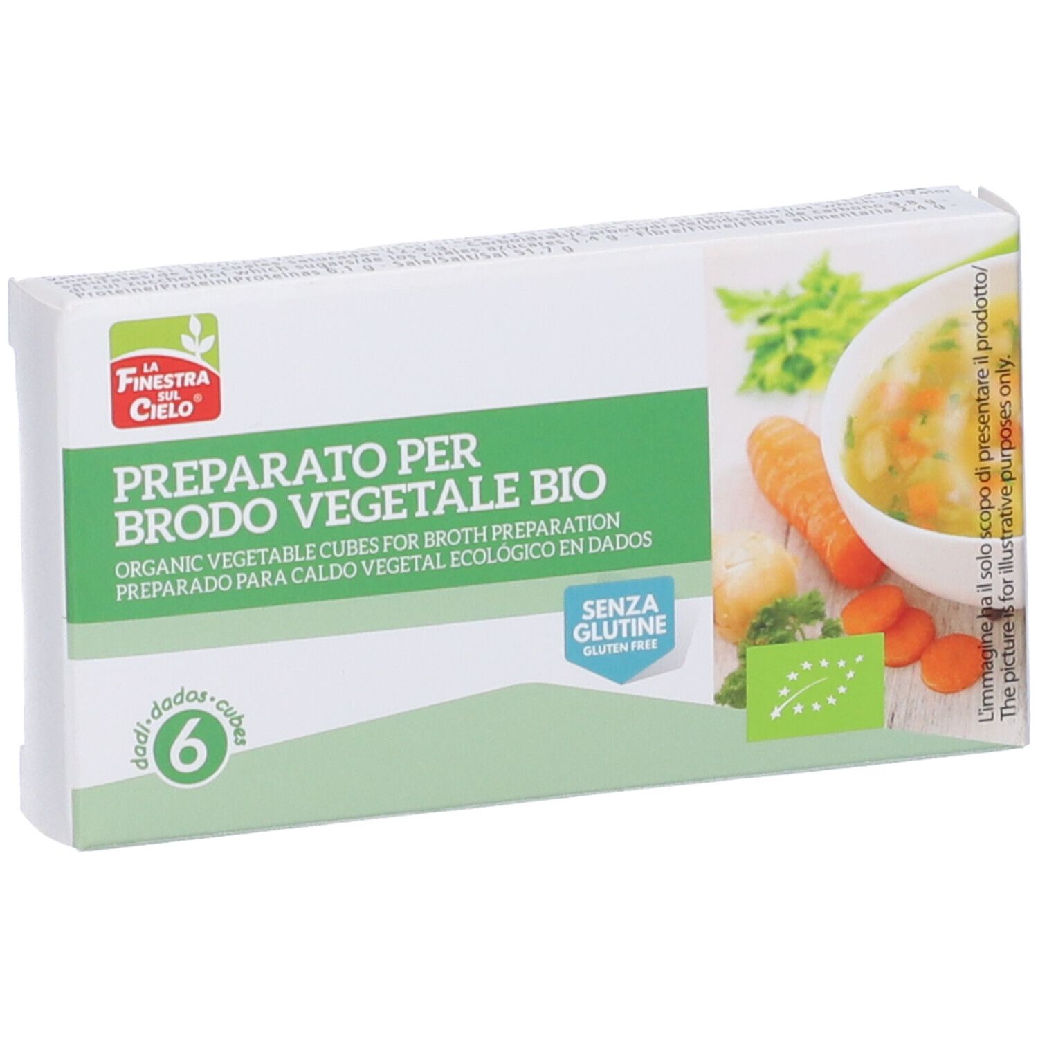 Confezione di 6 dadi per brodo vegetale bio. Scritta: Preparato per Brodo Vegetale Bio. Senza glutine. Con immagine di verdure.