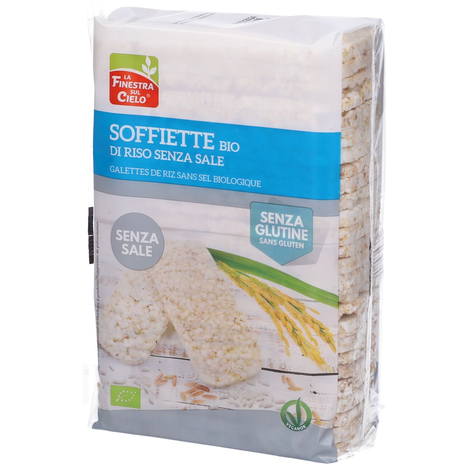 Confezione di gallette di riso senza glutine e senza sale. Logo 'La Finestra sul Cielo'.