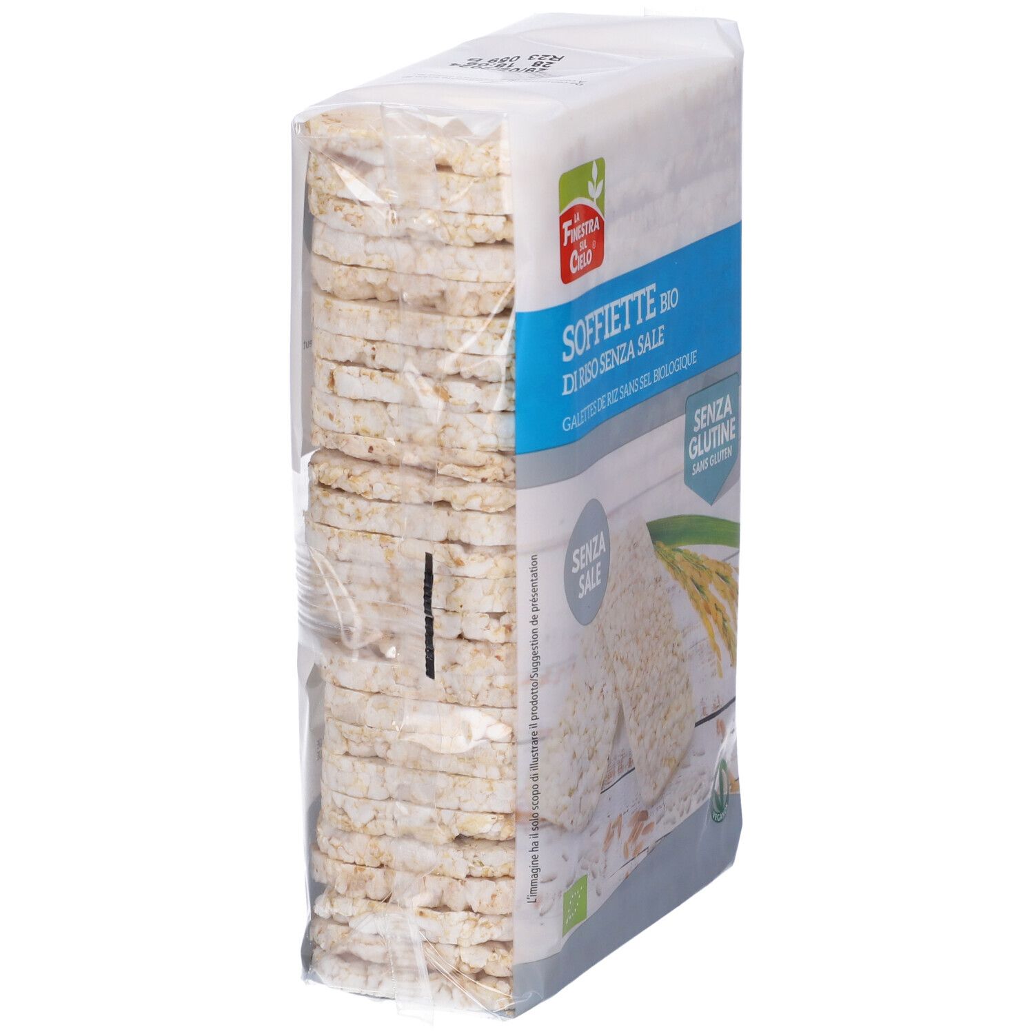 Confezione di gallette di riso senza glutine e senza sale. Logo 'La Finestra sul Cielo'.