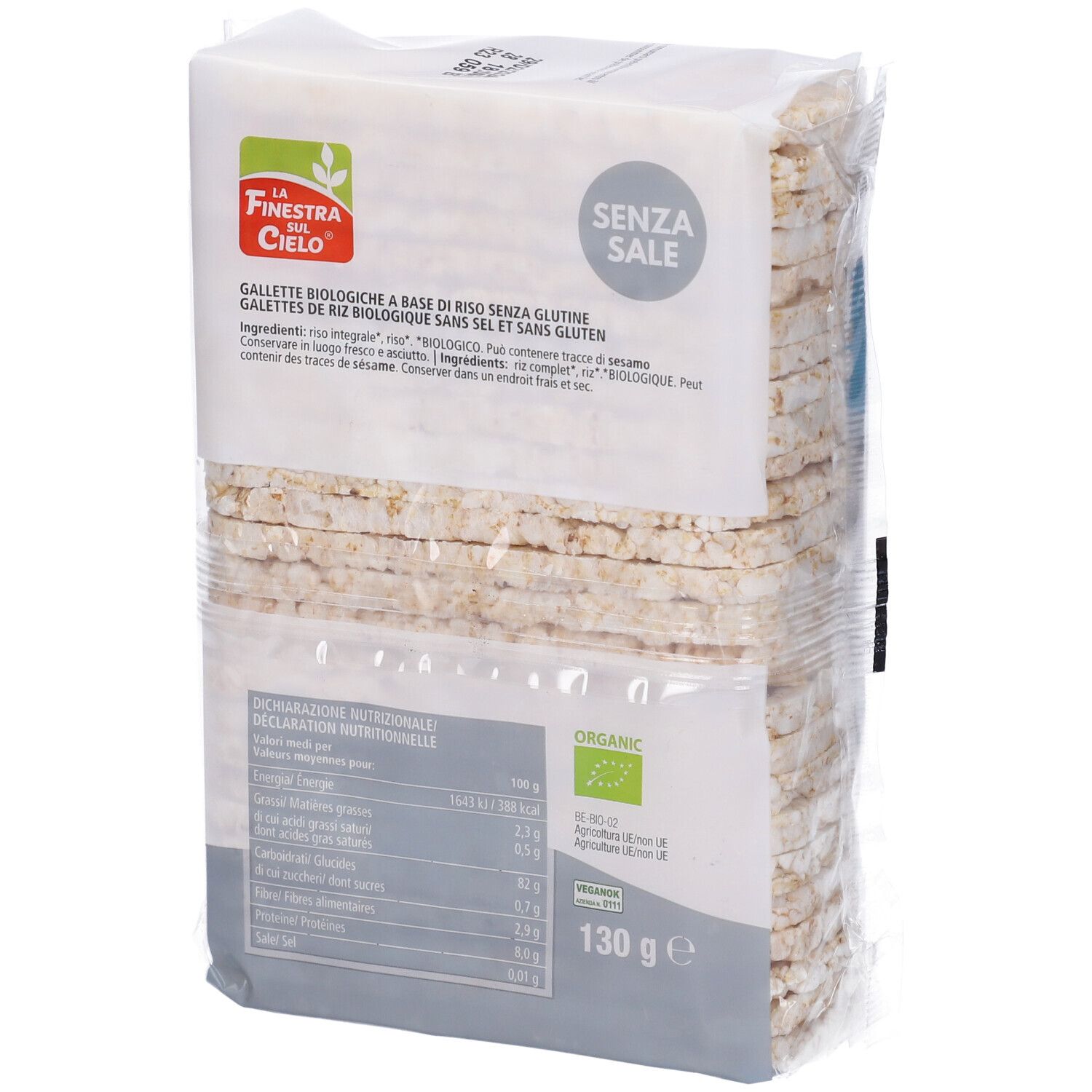 Confezione di gallette di riso senza glutine e senza sale. Logo 'La Finestra sul Cielo'.