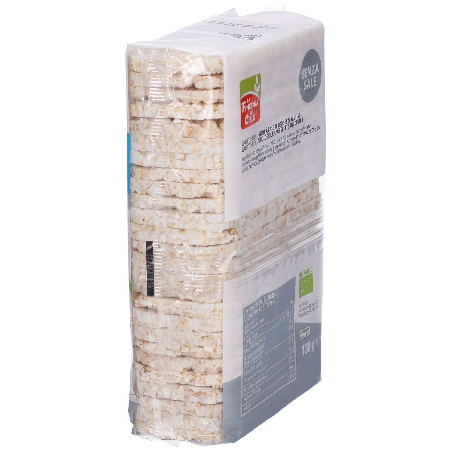 Confezione di gallette di riso senza glutine e senza sale. Logo 'La Finestra sul Cielo'.
