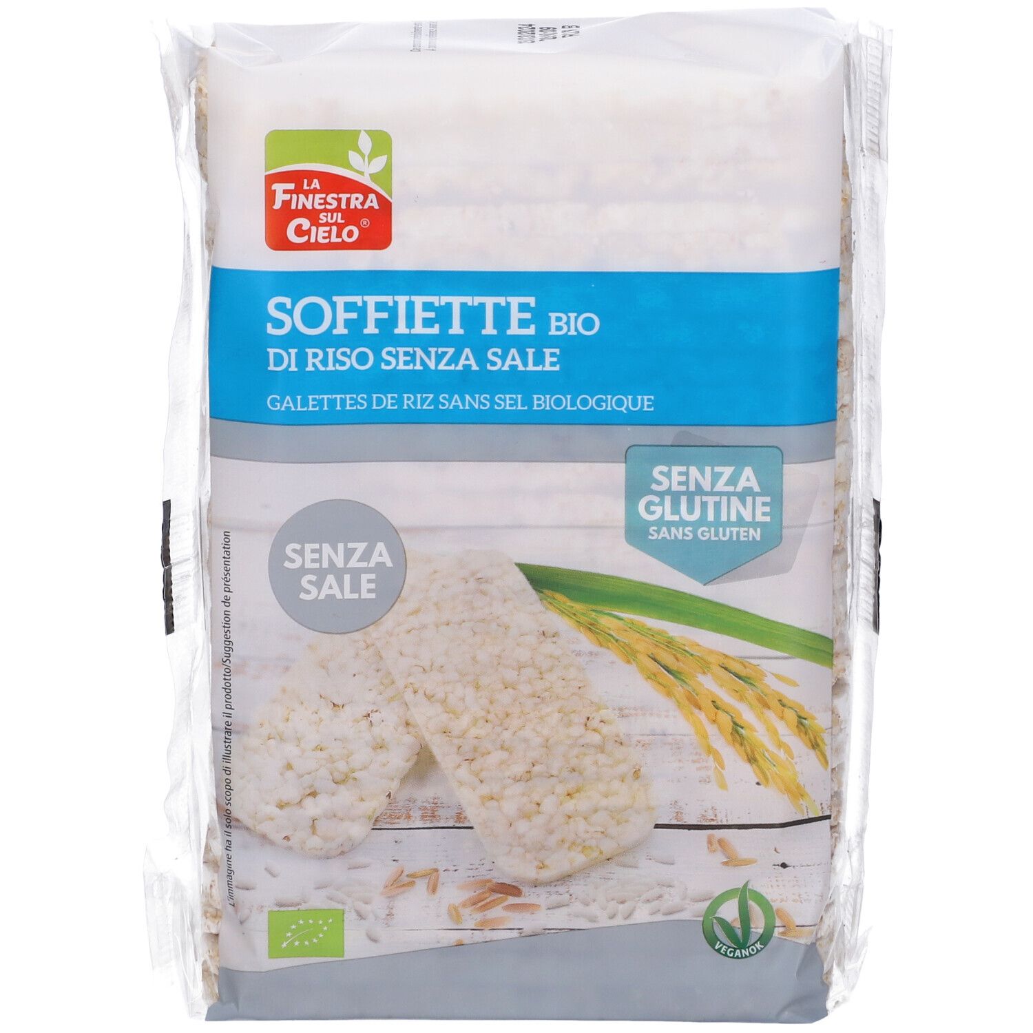 Confezione di gallette di riso senza glutine e senza sale. Logo 'La Finestra sul Cielo'.
