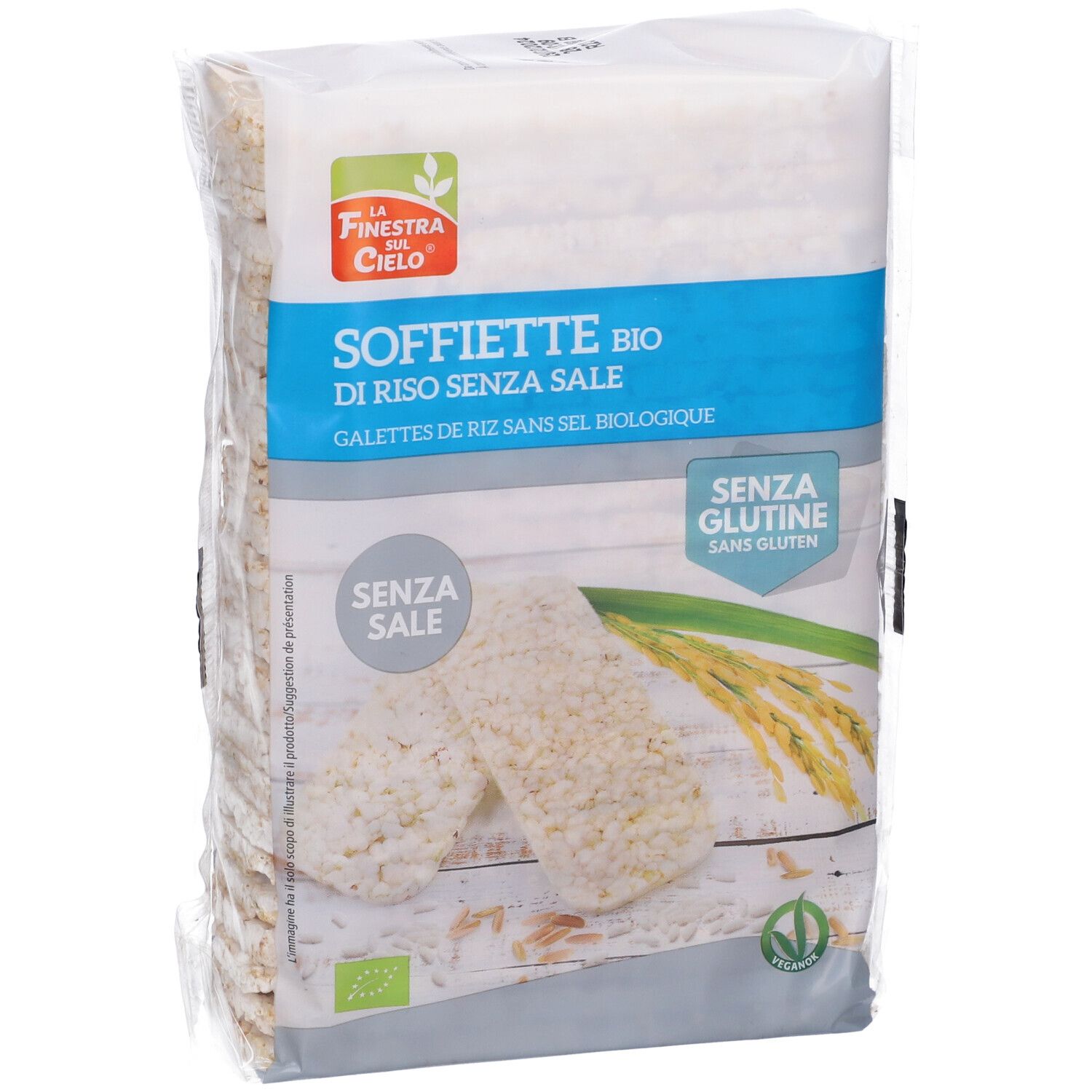 Confezione di gallette di riso senza glutine e senza sale. Logo 'La Finestra sul Cielo'.