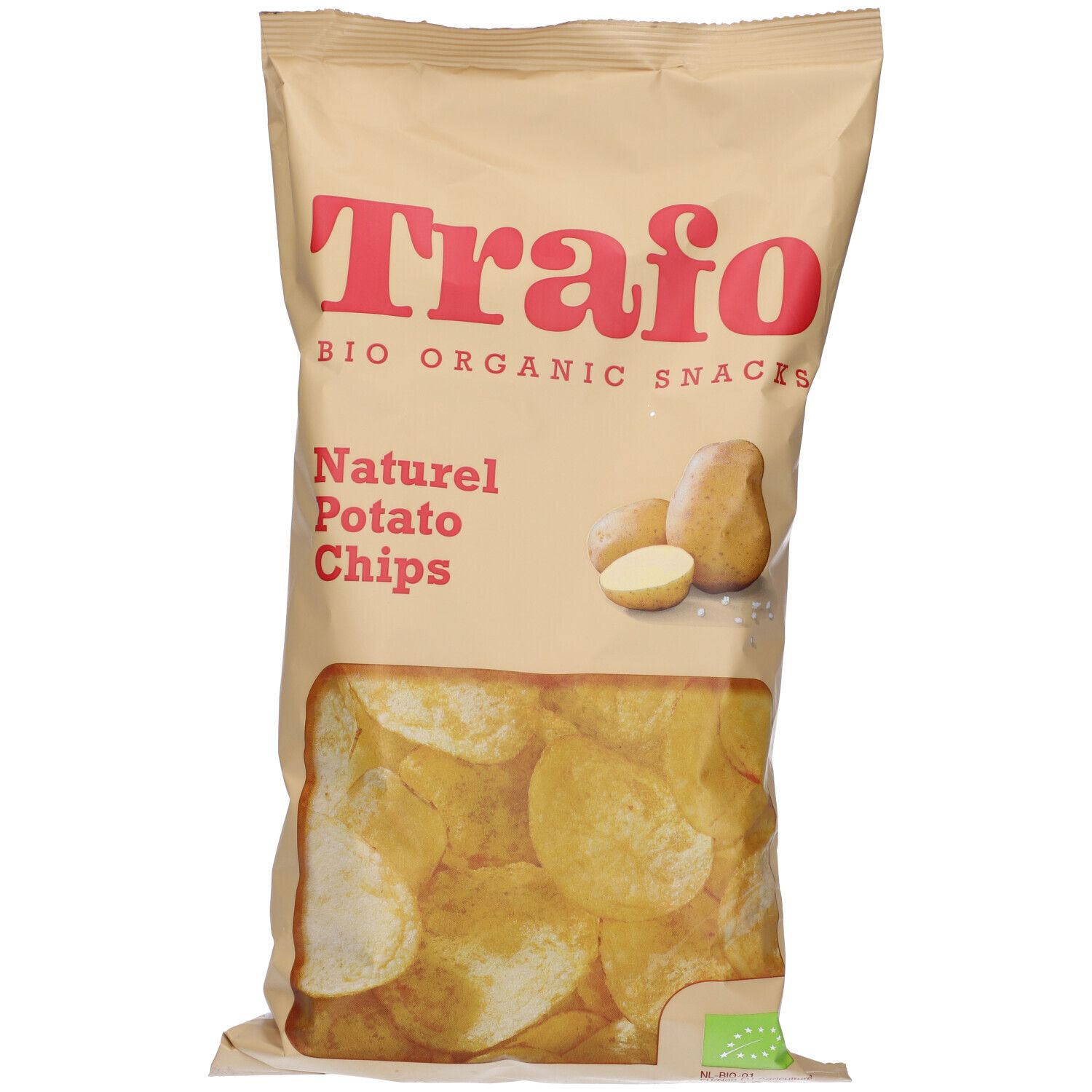 Confezione di patatine. Scritta: Trafo Bio Organic Snacks. Naturel Potato Chips. Patate.