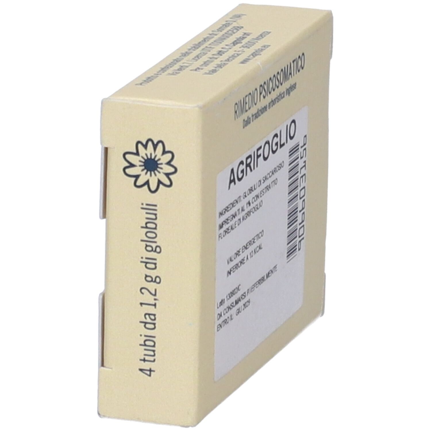 Lato confezione "Agrifoglio", Rimedio Psicosomatico, 4 tubi da 1,2g di globuli.