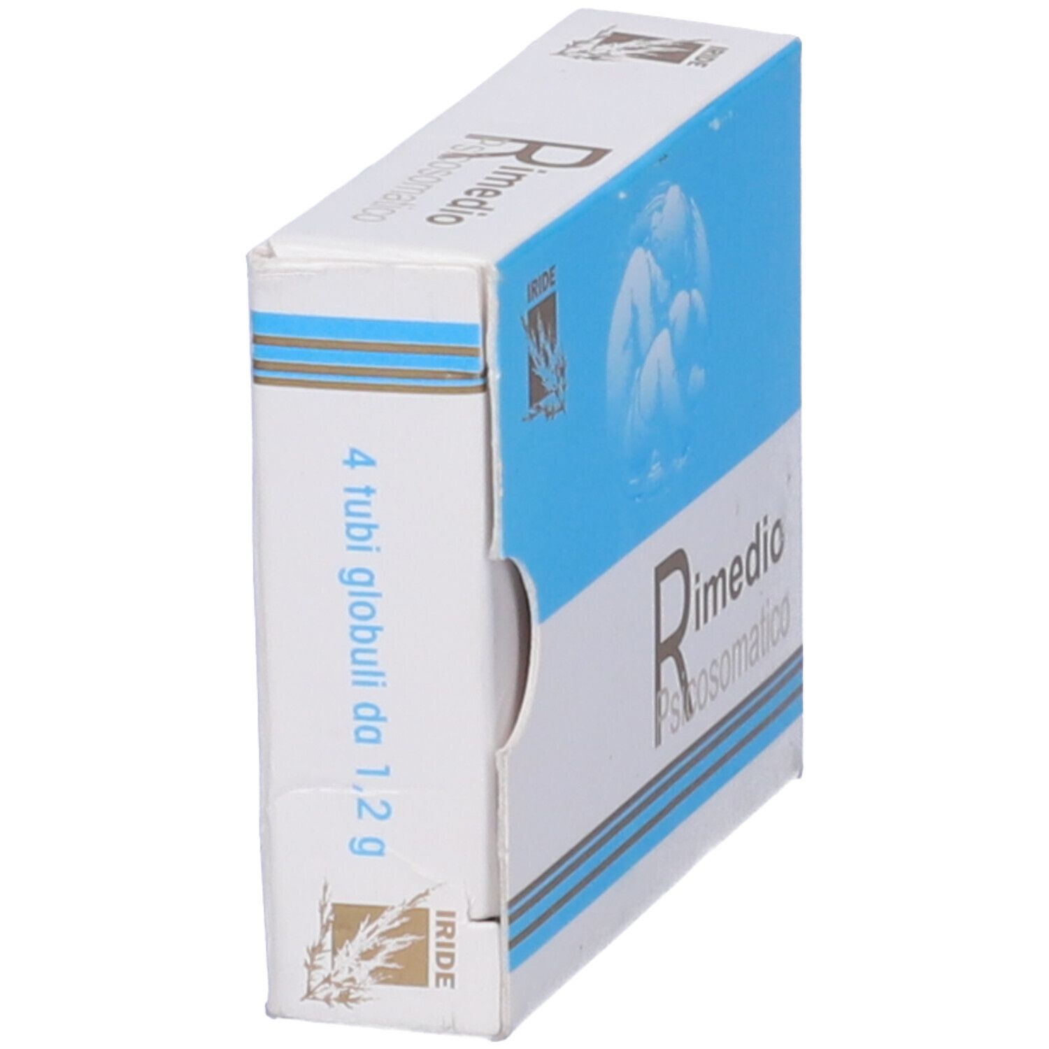 Scatola bianca e blu. Testo: Rimedio Psicosomatico. 4 Tubi globuli da 1,2 g. Logo: IRIDE.