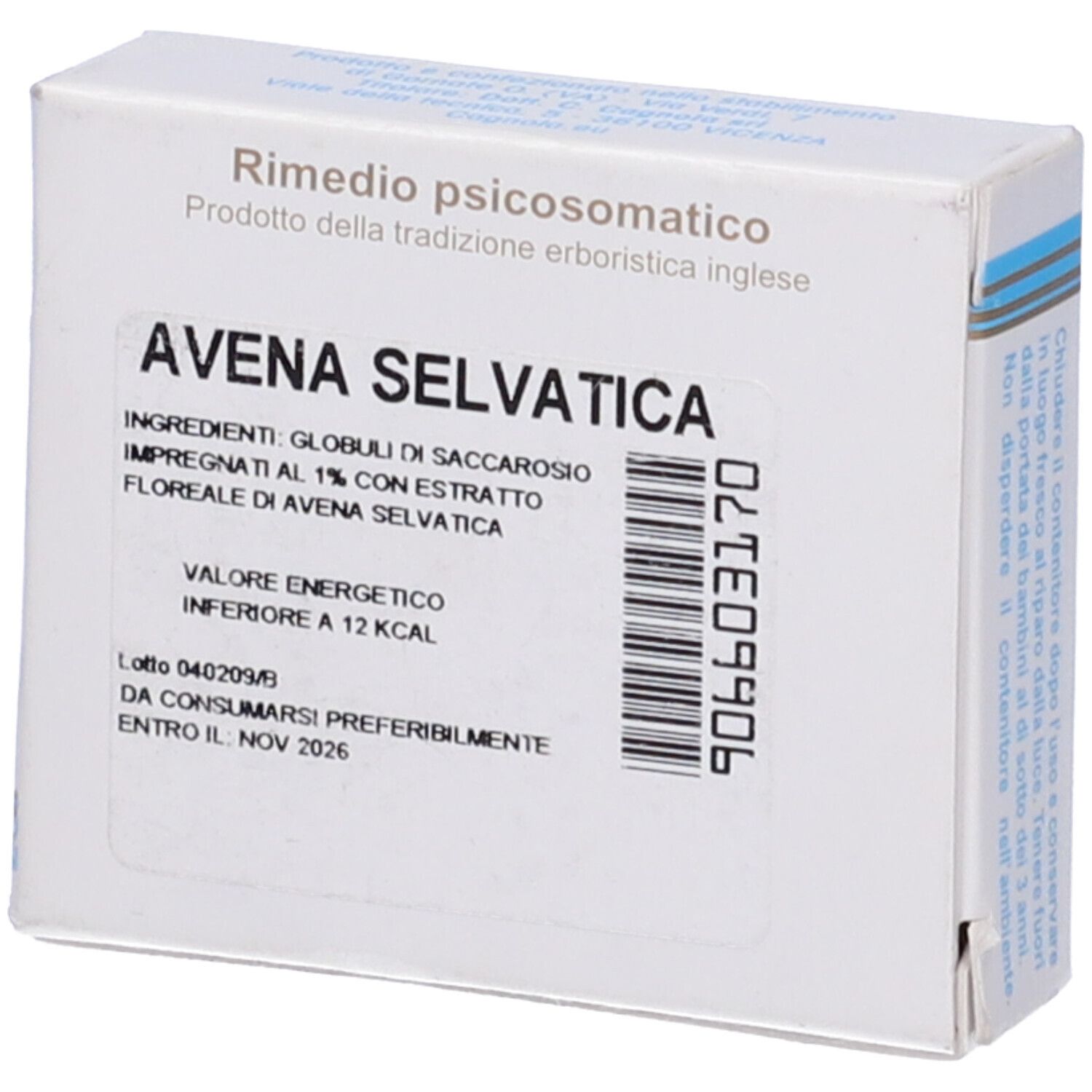 Scatola bianca. Testo: Avena Selvatic. Ingredienti, informazioni nutrizionali. Codice a barre e data di scadenza.