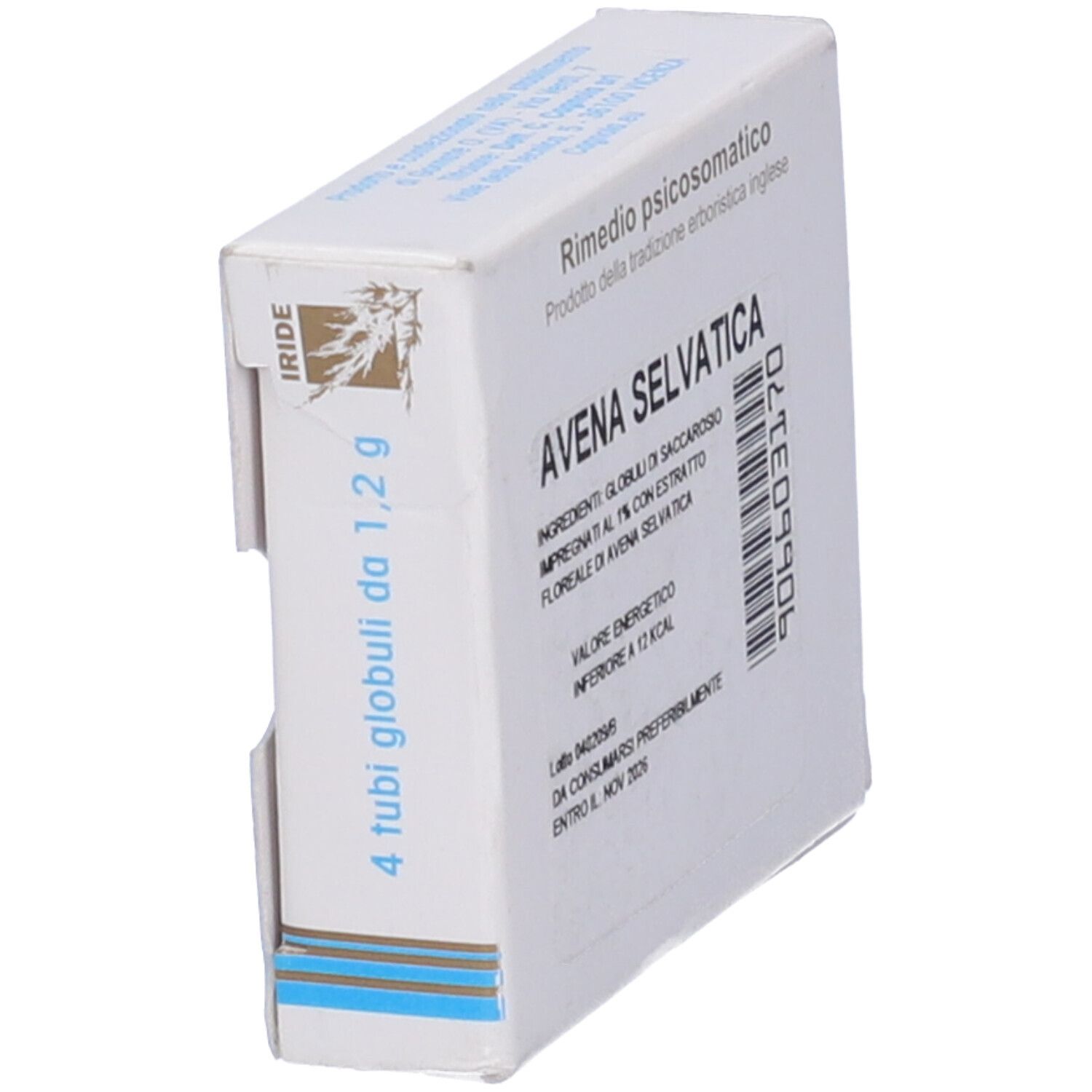 Scatola bianca. Testo: Avena Selvatic. Ingredienti, informazioni nutrizionali. Codice a barre e data di scadenza.
