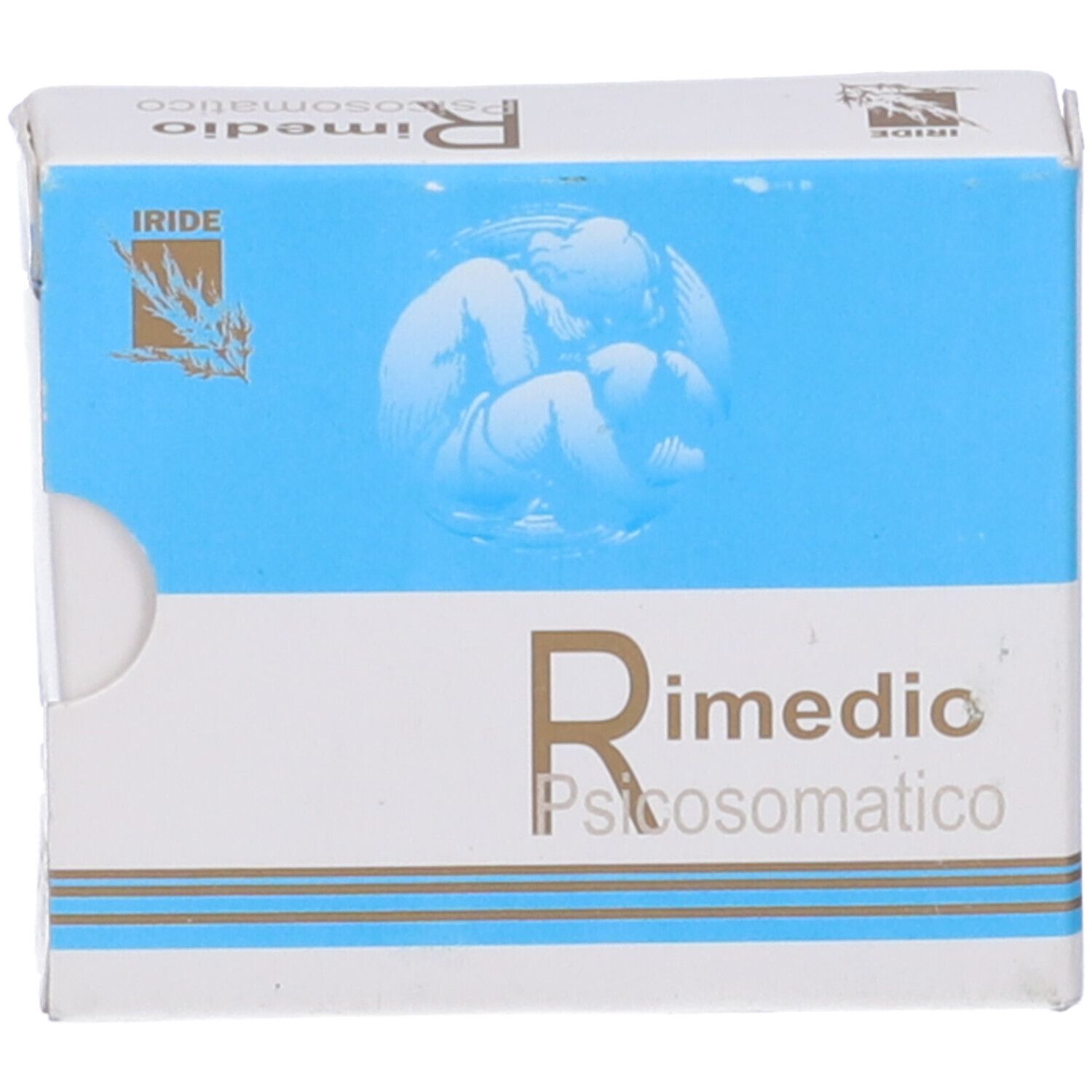 Scatola bianca e blu. Testo: Rimedio Psicosomatico. Logo: IRIDE. Immagine di un angelo.
