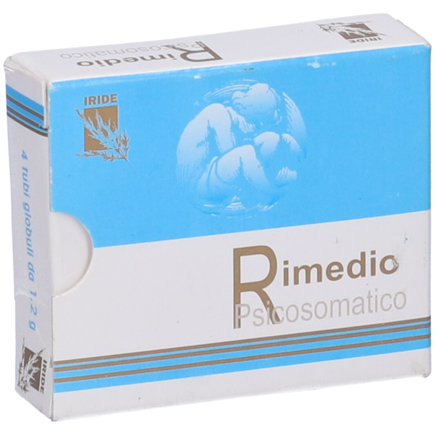 Scatola blu e bianca. Testo: Rimedio Psicosomatico. 4 Tubi globuli da 1,2 g. Logo: IRIDE.