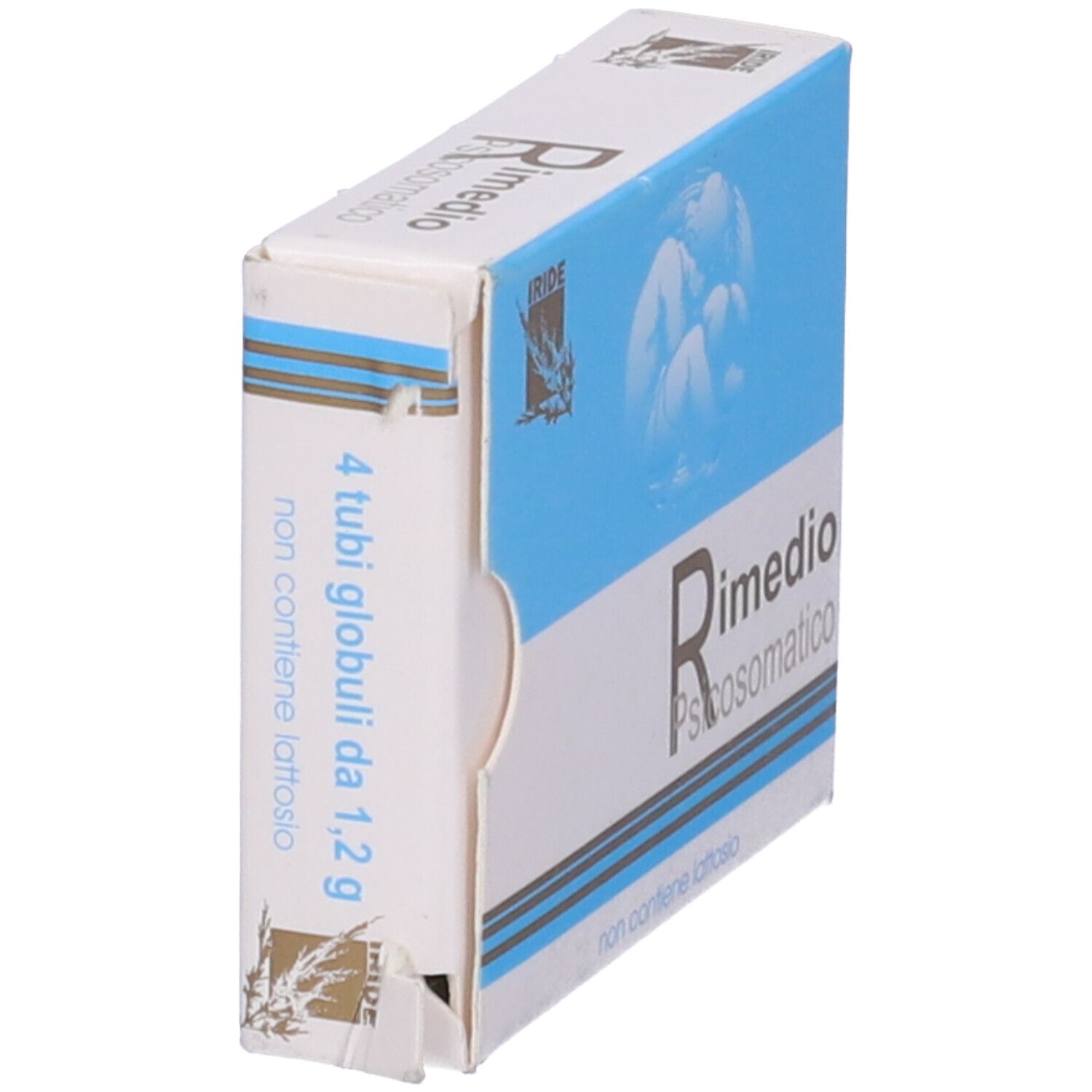 Scatola "Rimedio Psicosomatico". Lato con testo: "4 tubi globuli da 1,2 g". Confezione blu e bianca. "non contiene lattosio".