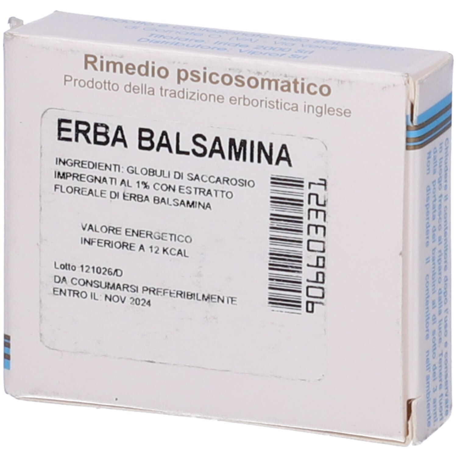 Scatola "Erba Balsamina". Testo: ingredienti, informazioni nutrizionali, data di scadenza. Scatola bianca con accenti blu.