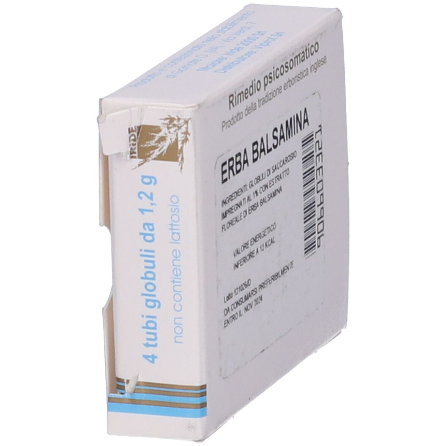 Scatola "Erba Balsamina". Lato con testo: "4 tubi globuli da 1,2 g". Scatola bianca con accenti blu. "non contiene lattosio".