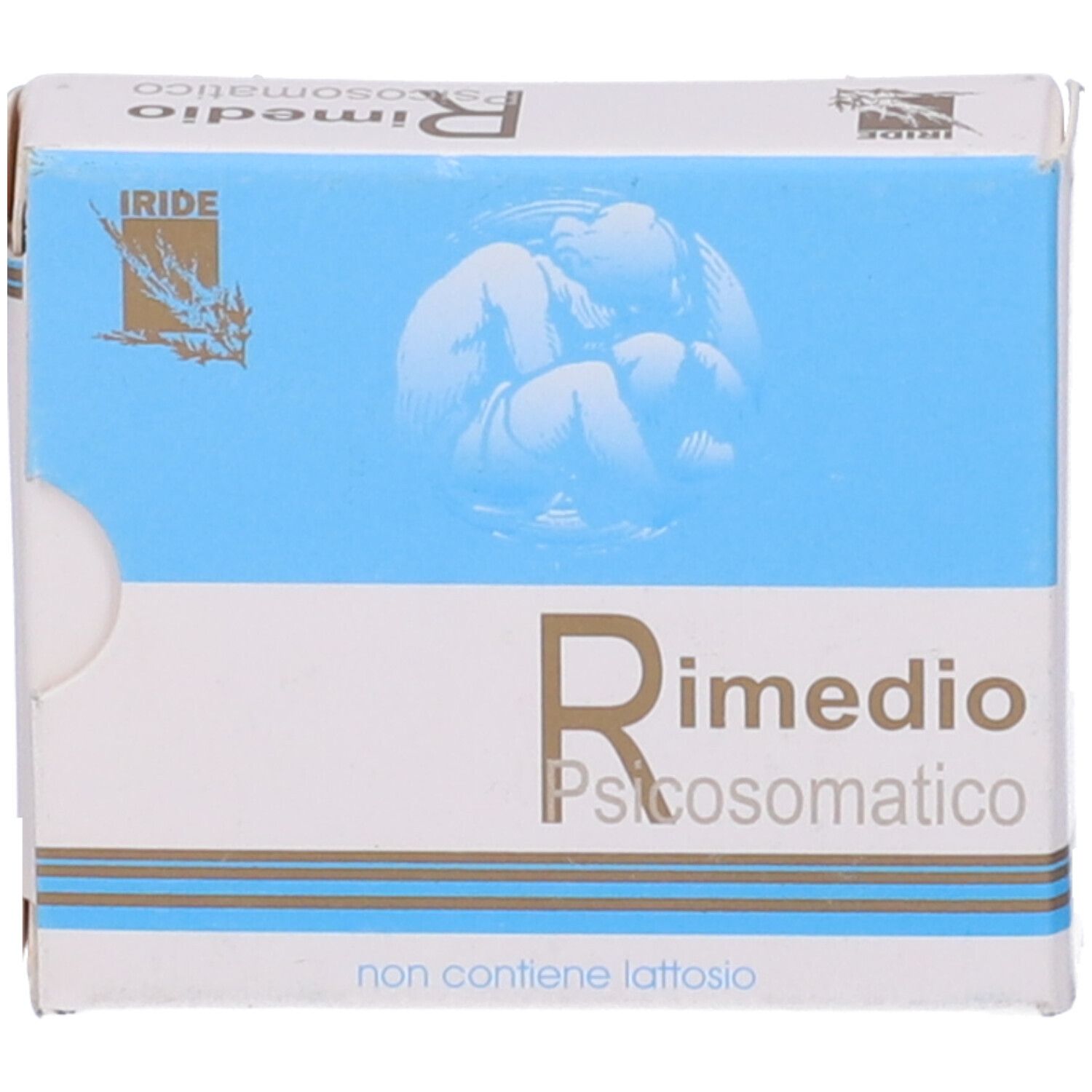 Scatola "Rimedio Psicosomatico". Confezione bianca e blu con illustrazione. Testo: "non contiene lattosio".