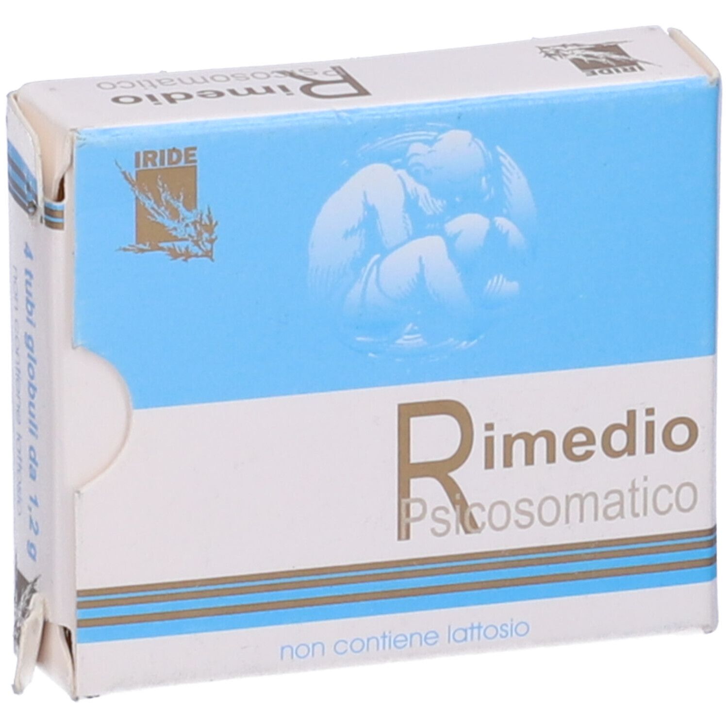 Scatola "Rimedio Psicosomatico". Lato con testo: "4 tubi globuli da 1,2 g". Confezione blu e bianca. "non contiene lattosio".