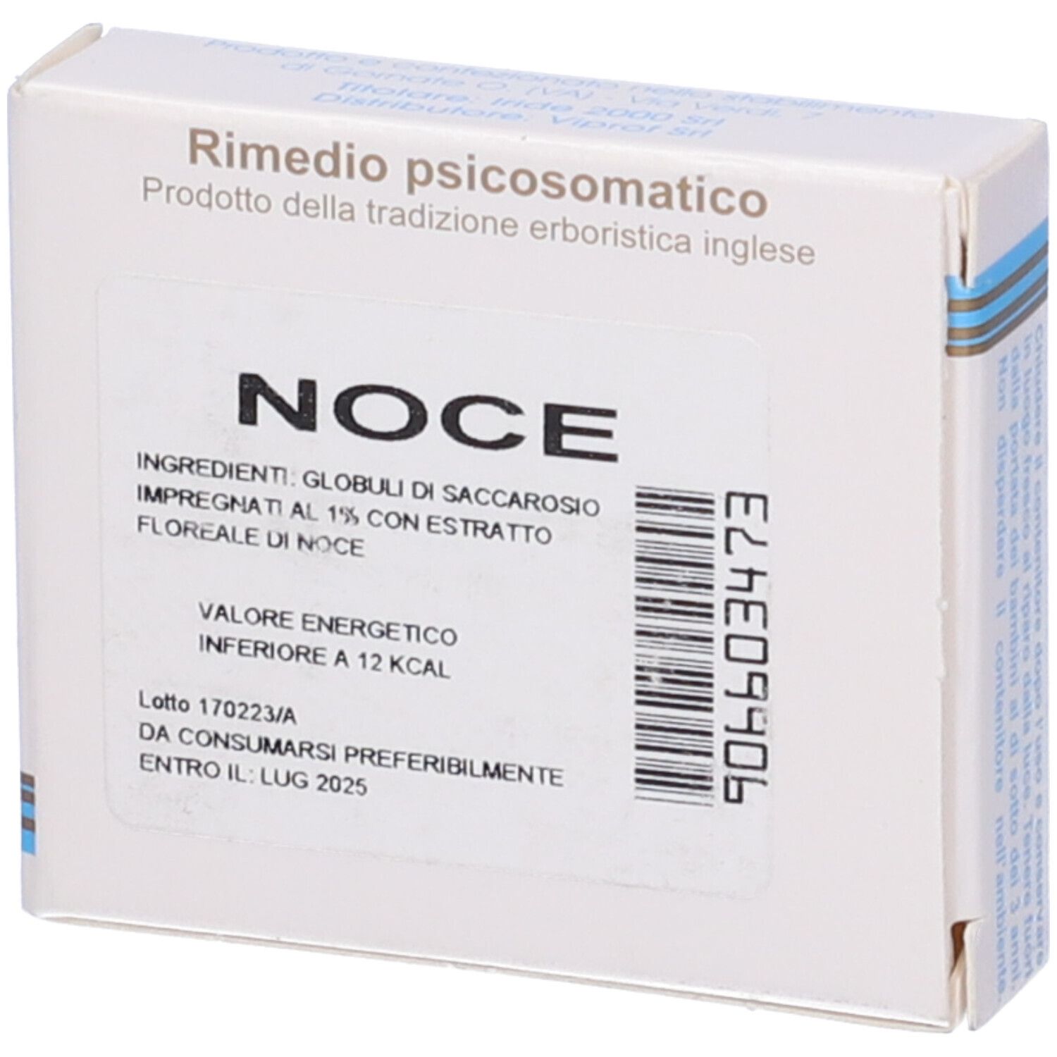 Retro scatola con informazioni prodotto. Testo: NOCE, ingredienti, data di scadenza.