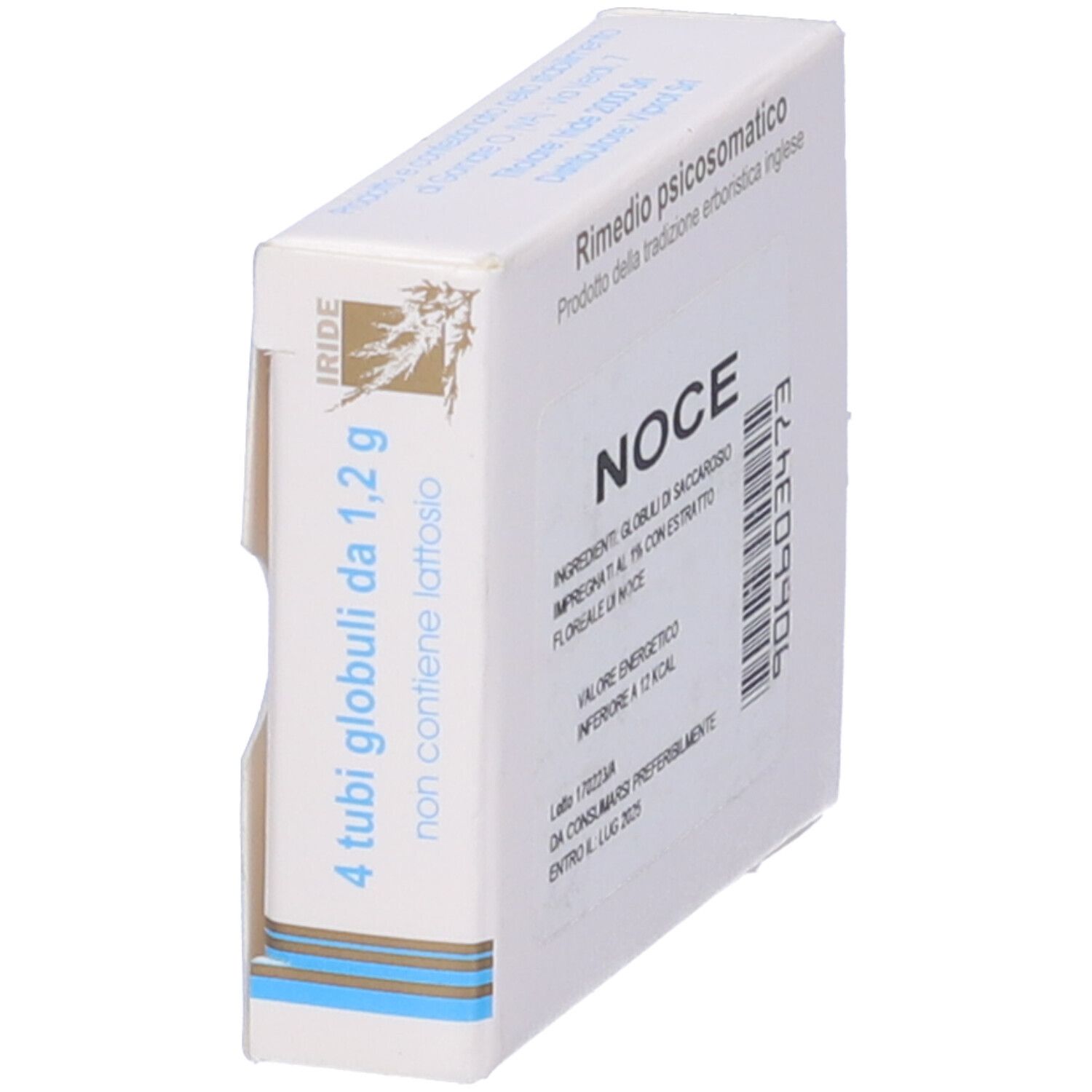 Scatola con testo NOCE, 4 tubi globuli, senza lattosio. Retro.