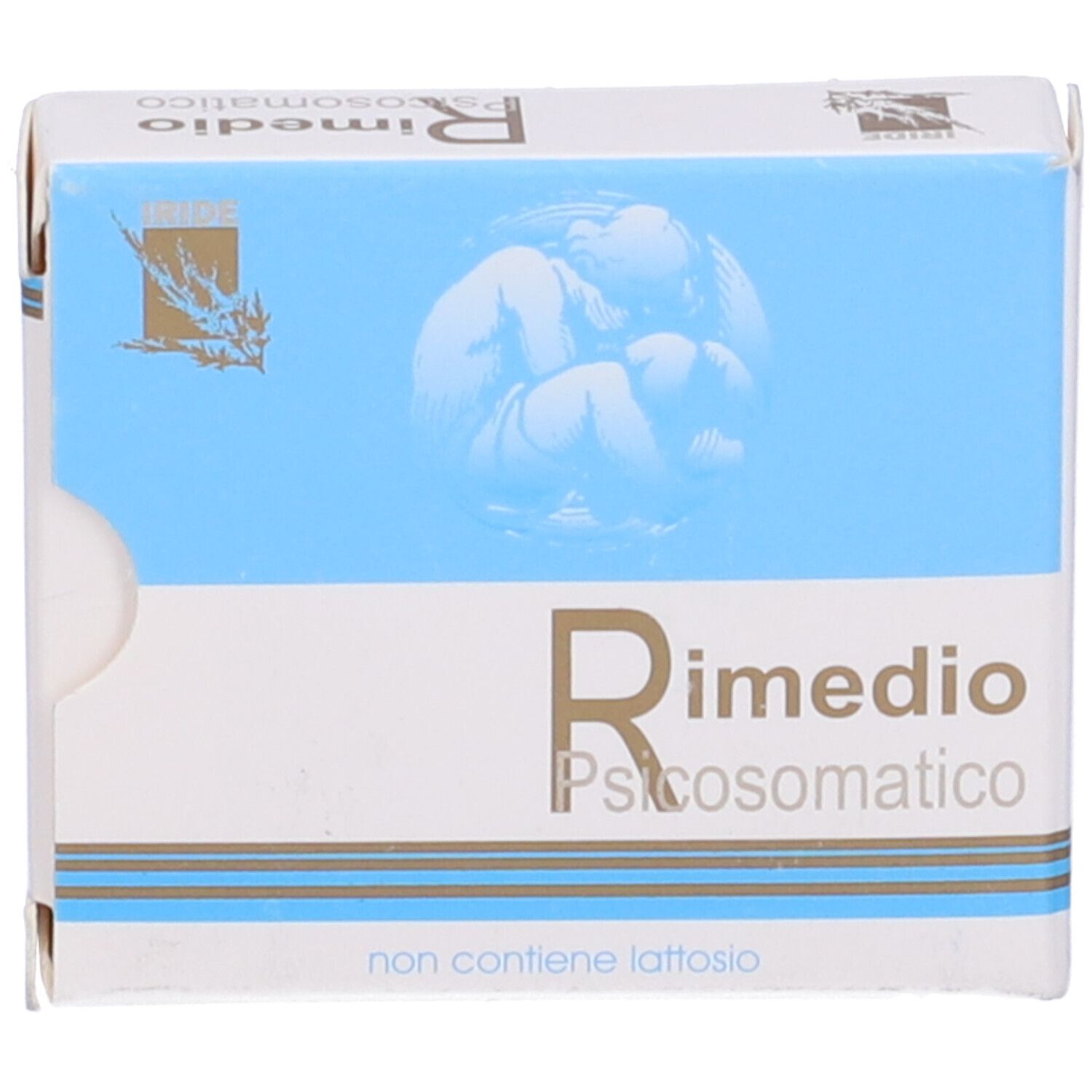 Scatola con testo Rimedio Psicosomatico, senza lattosio. Immagine di feto.