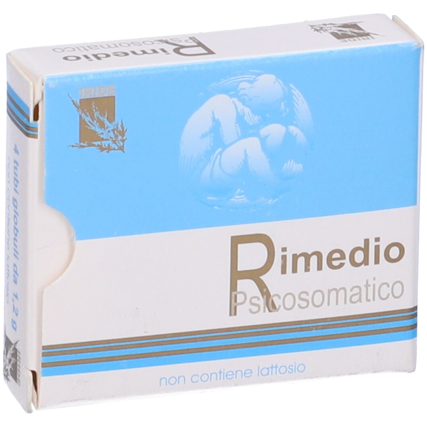 Scatola con testo Rimedio Psicosomatico, senza lattosio. Immagine di feto.