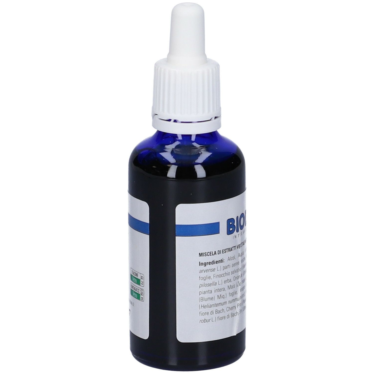 Flacone di vetro blu con contagocce bianco. Nome prodotto: Biodren R. Contiene liquido. Etichetta con ingredienti.