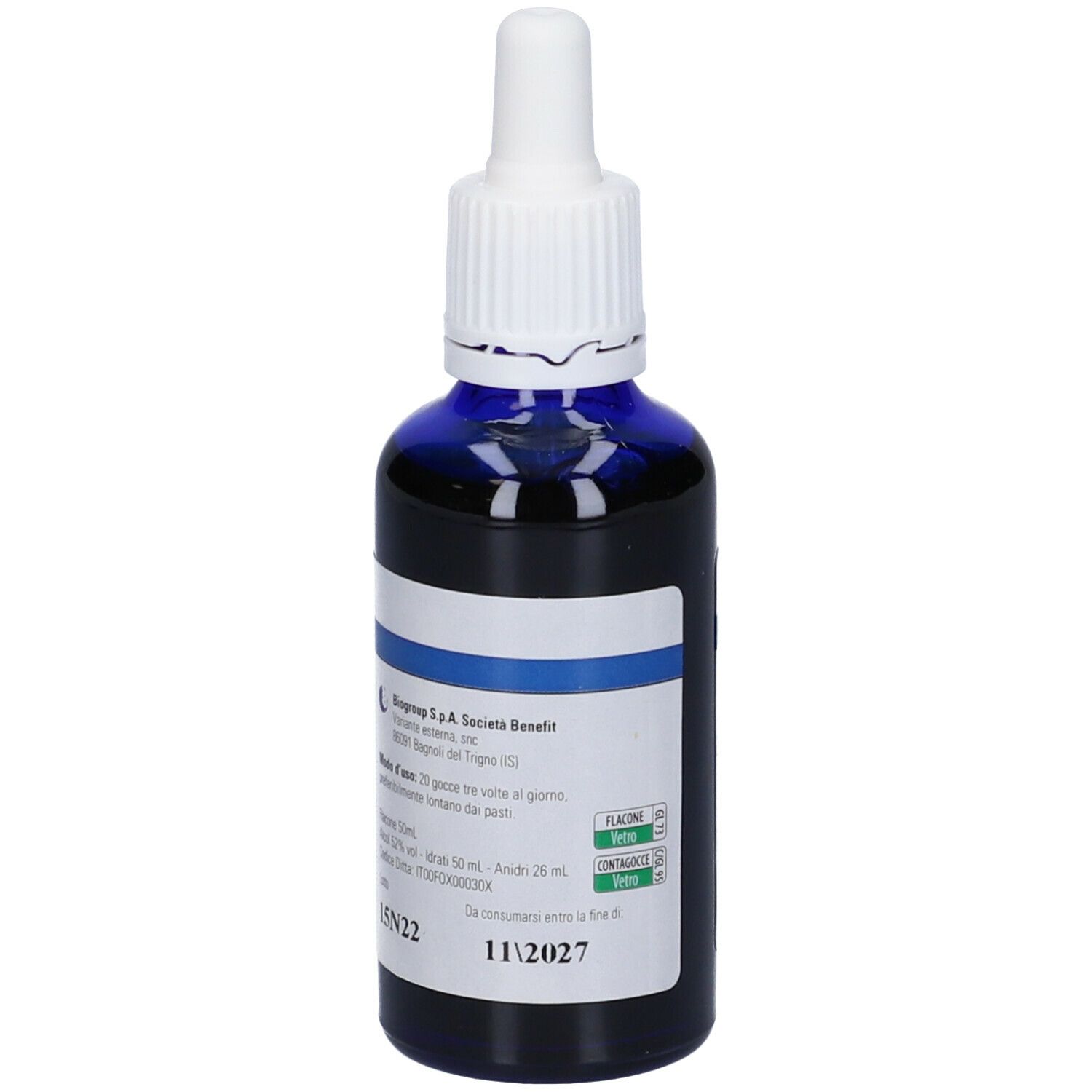 Flacone di vetro blu con contagocce bianco. Nome prodotto: Biodren R. Etichetta con ingredienti e data di scadenza.