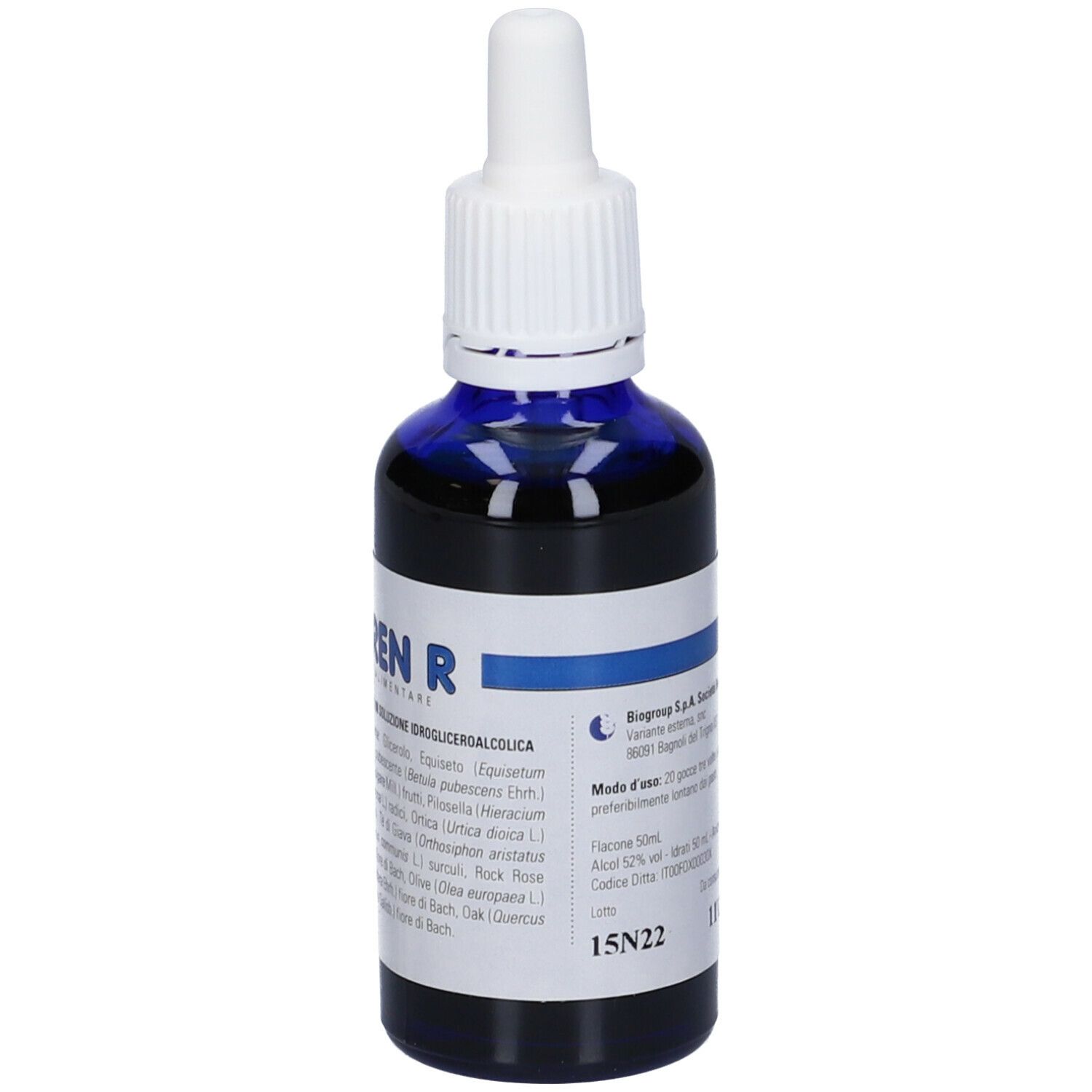 Flacone di vetro blu con contagocce bianco. Nome prodotto: Biodren R. Etichetta con ingredienti.