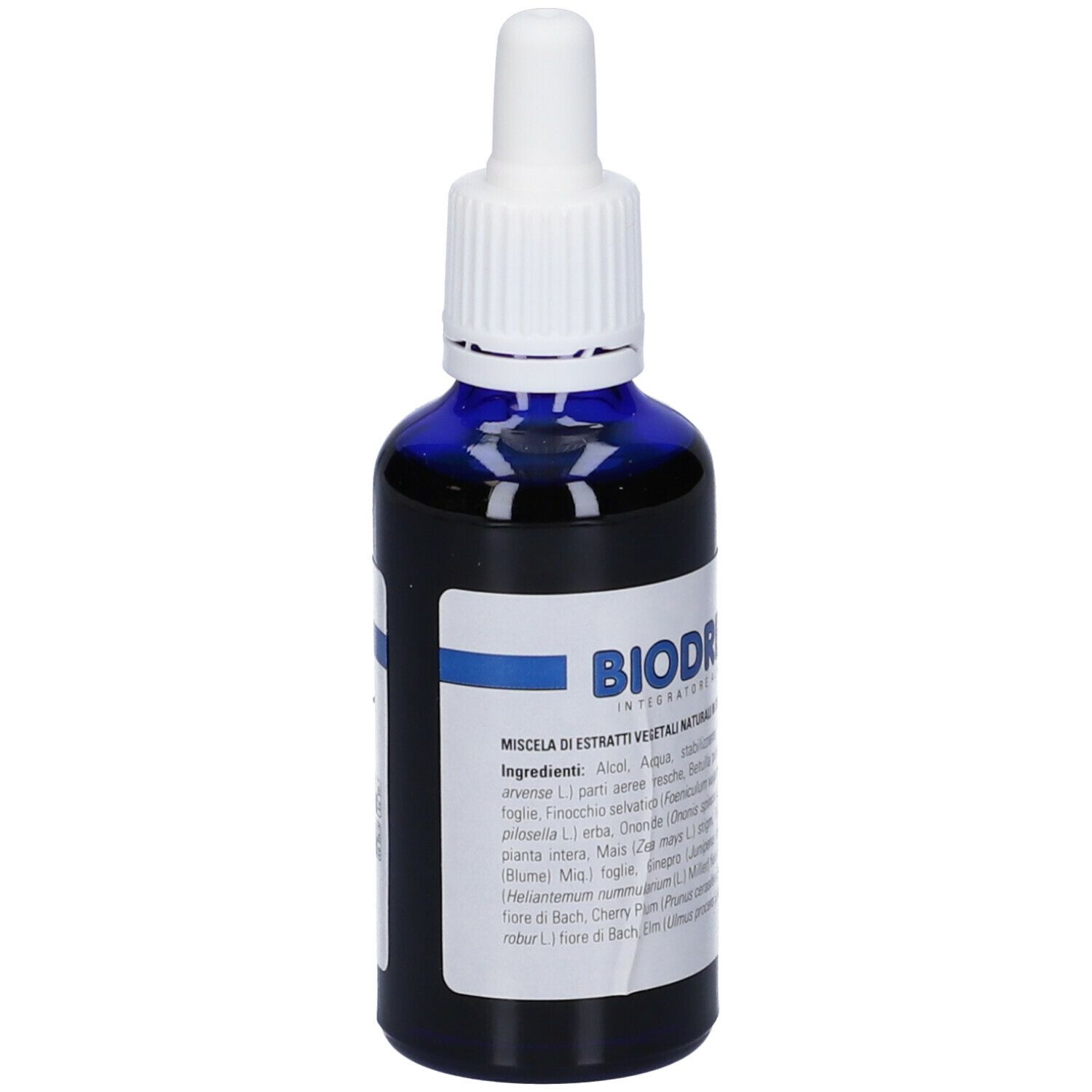 Flacone di vetro blu con contagocce bianco. Nome prodotto: Biodren R. Etichetta con ingredienti.