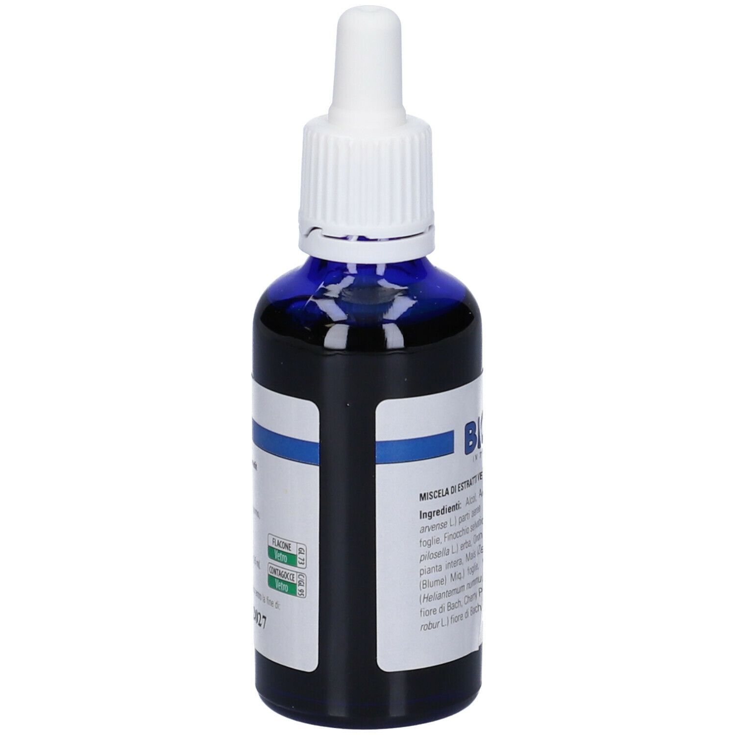 Flacone di vetro blu con contagocce bianco. Nome prodotto: Biodren R. Etichetta con ingredienti e data di scadenza.