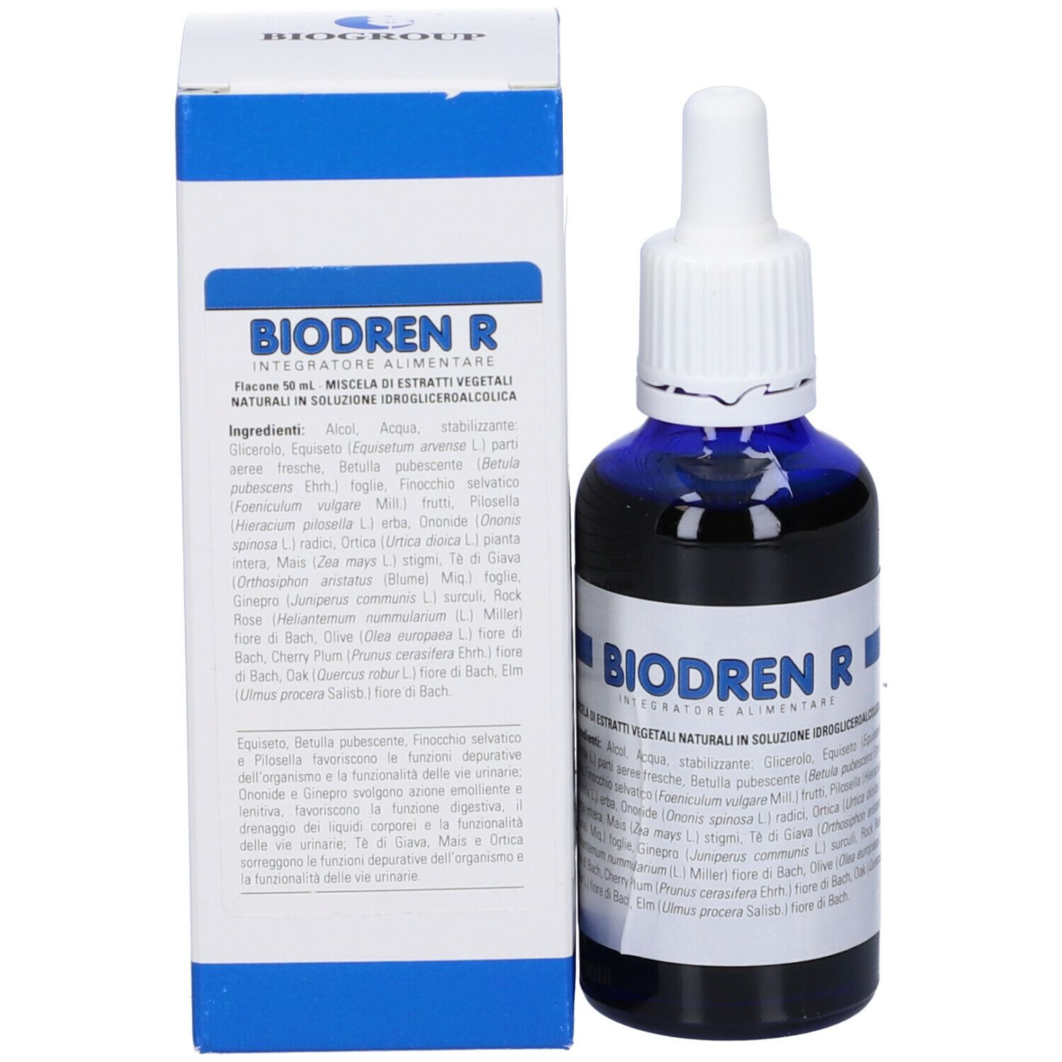 Prodotto e confezione. Flacone di vetro blu con contagocce bianco e scatola. Nome prodotto: Biodren R.