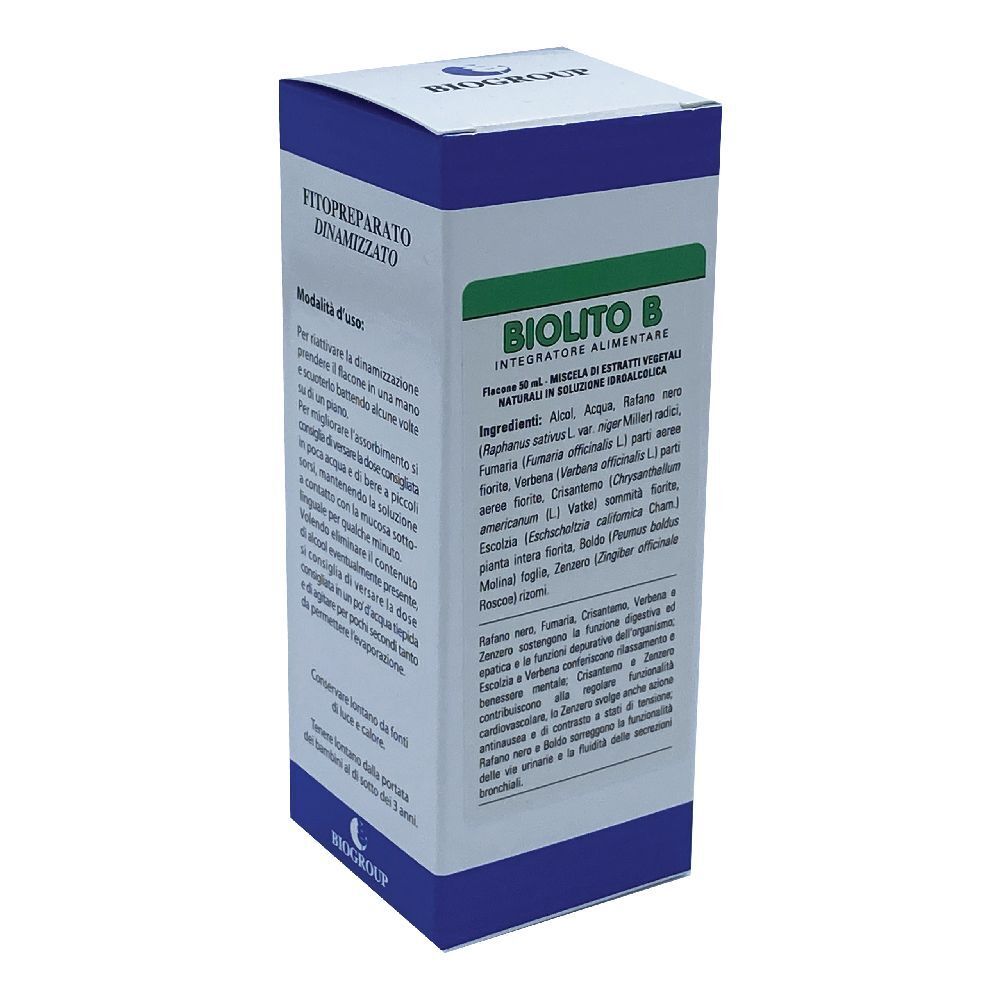 Scatola con informazioni sul prodotto. Scritta: Biolito B, integratore alimentare. Elementi blu e verdi.